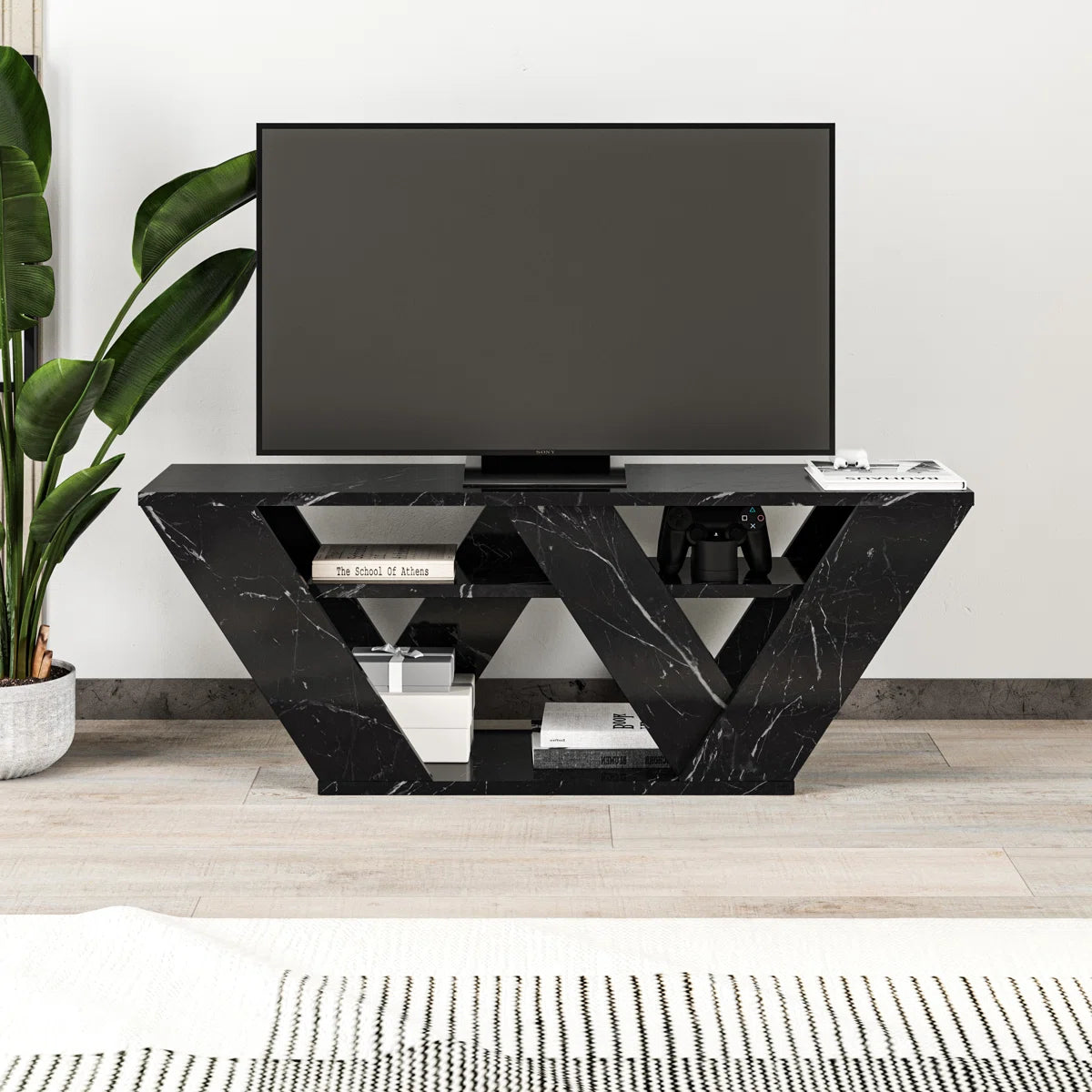 Omkarwood Kirstin 110 cm TV Unit – Marble Black Finish | Modern V-Leg Entertainment Stand