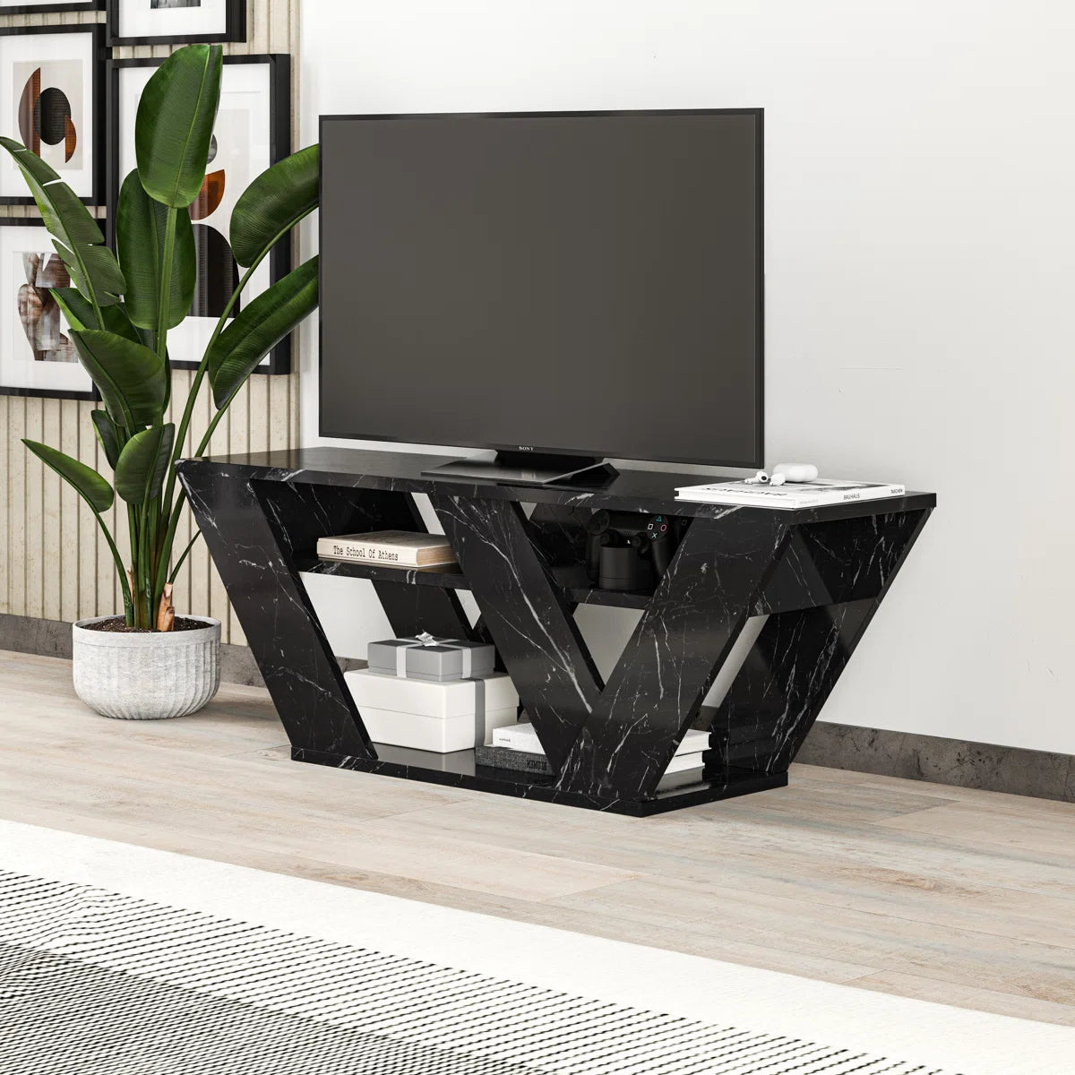 Omkarwood Kirstin 110 cm TV Unit – Marble Black Finish | Modern V-Leg Entertainment Stand