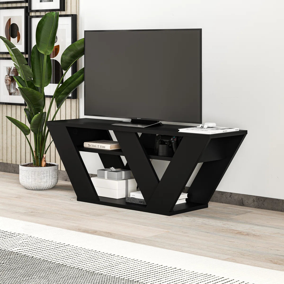 Omkarwood Kirstin 110 cm Modern V-Leg TV Unit – Black