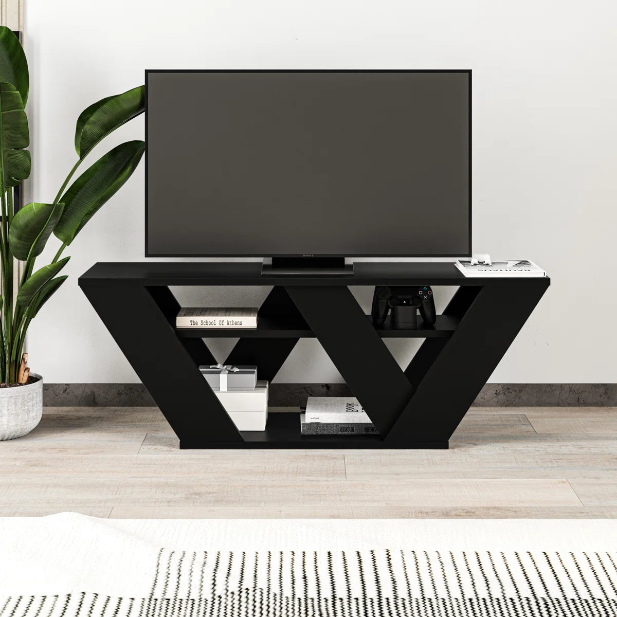Omkarwood Kirstin 110 cm Modern V-Leg TV Unit – Black