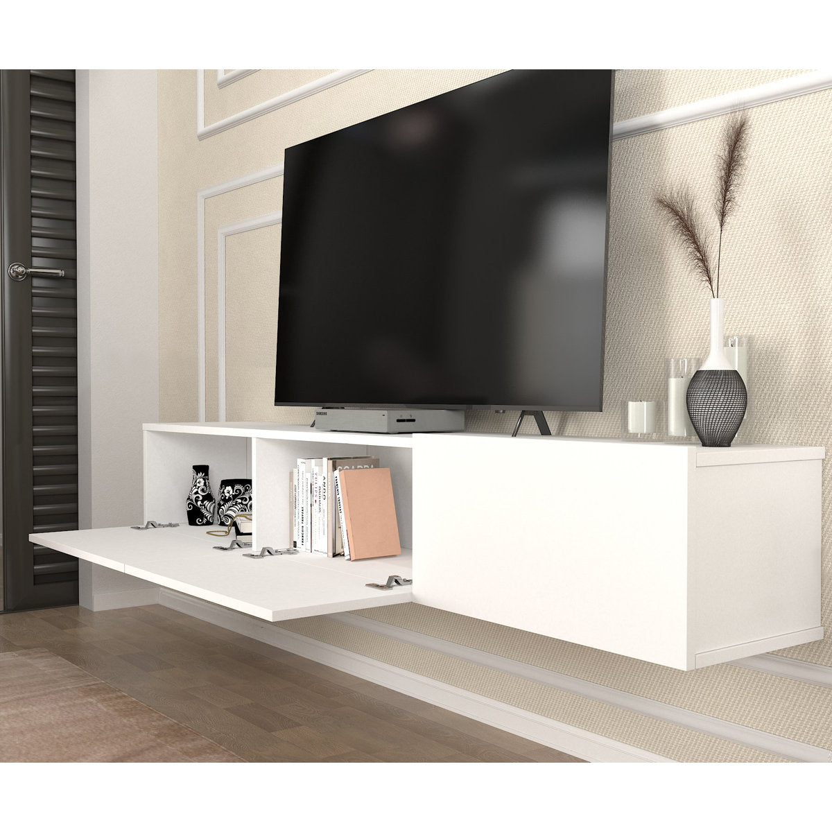 OmkarWood Verona Wall-Mounted TV Unit – White Finish