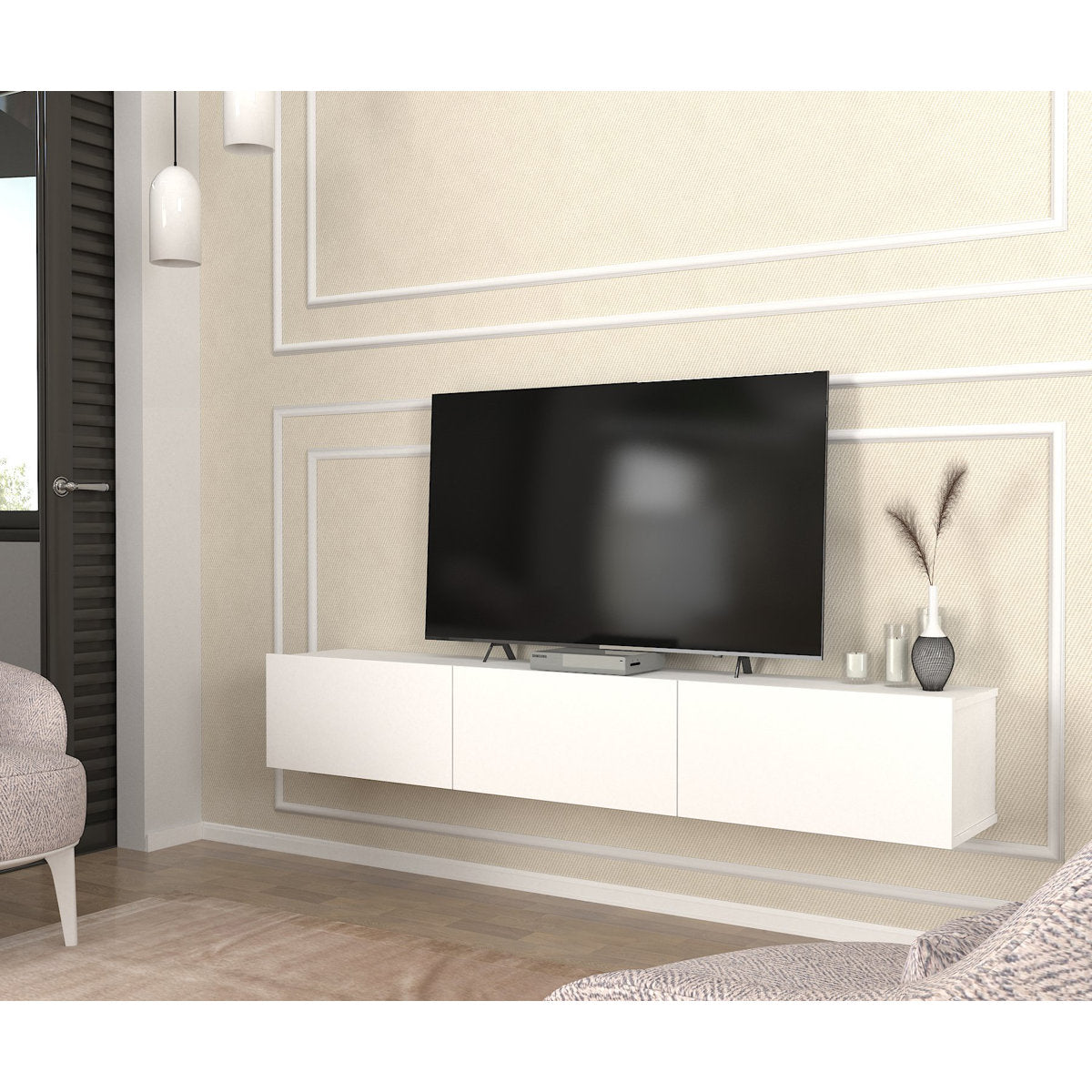 OmkarWood Verona Wall-Mounted TV Unit – White Finish