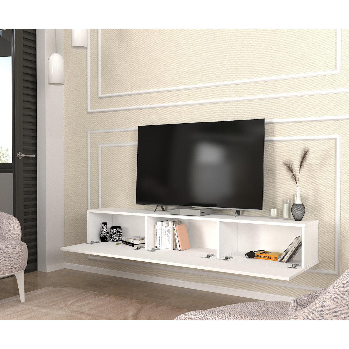 OmkarWood Verona Wall-Mounted TV Unit – White Finish