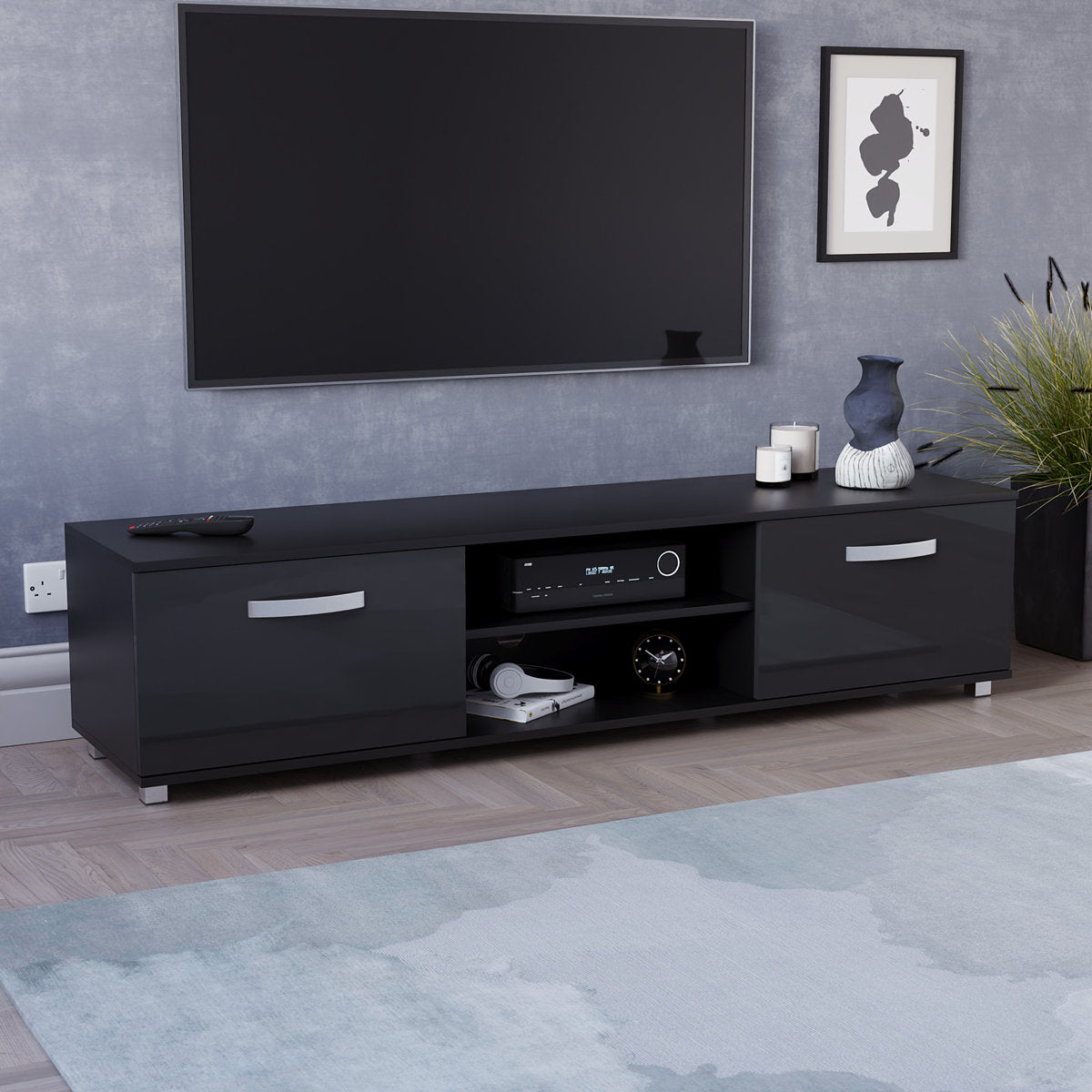 OmkarWood Premium High Gloss TV Unit – Engineered Wood Entertainment Console (Black Finish)