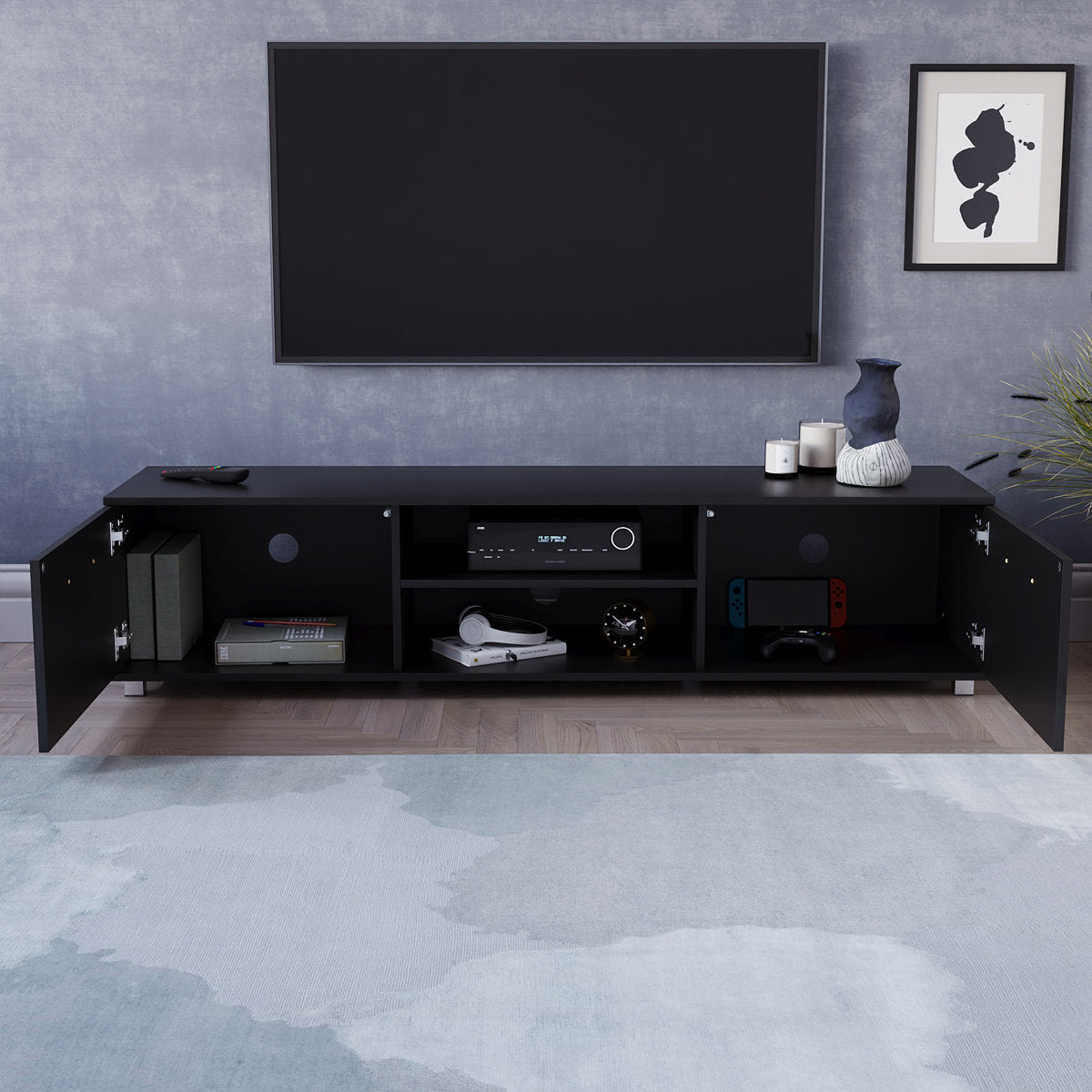 OmkarWood Premium High Gloss TV Unit – Engineered Wood Entertainment Console (Black Finish)