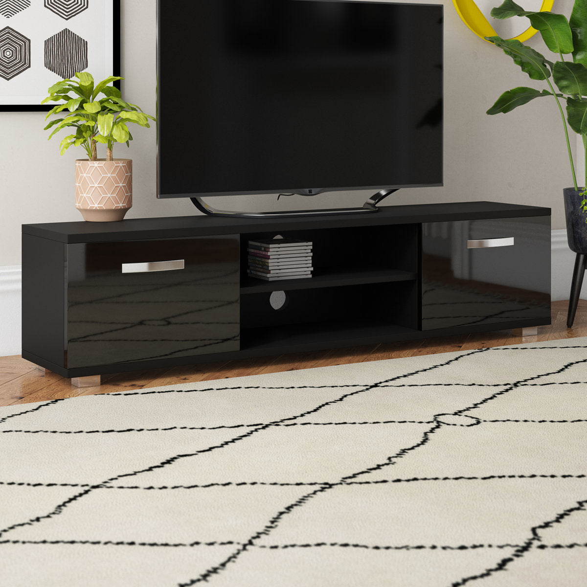 OmkarWood Premium High Gloss TV Unit – Engineered Wood Entertainment Console (Black Finish)