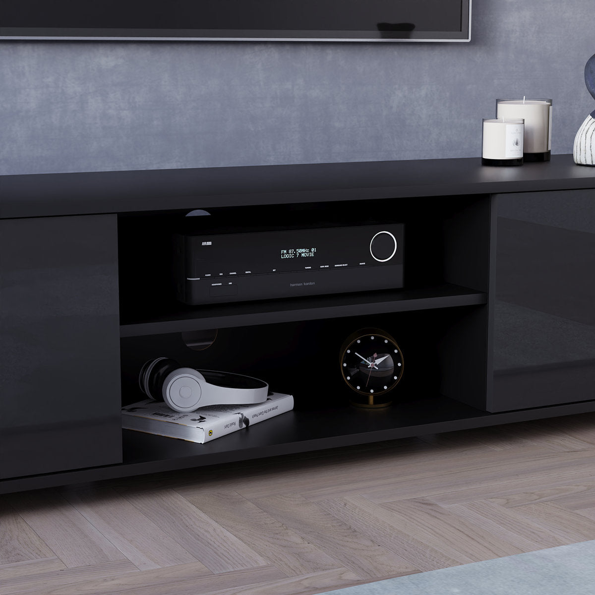 OmkarWood Premium High Gloss TV Unit – Engineered Wood Entertainment Console (Black Finish)