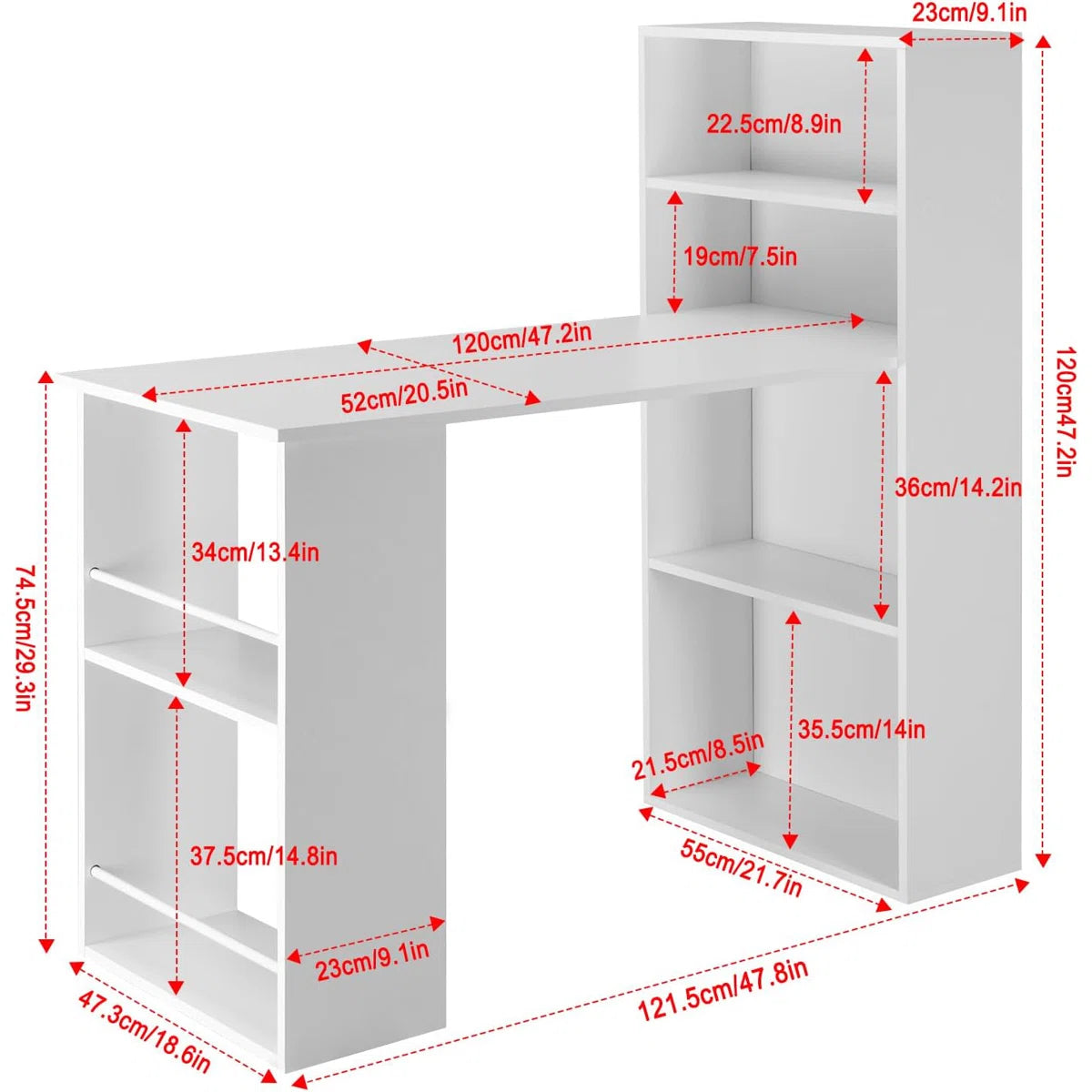 OmkarWood Nashira L-Shaped Study Desk with 4-Tier Bookshelf & Side Storage – 121 cm
