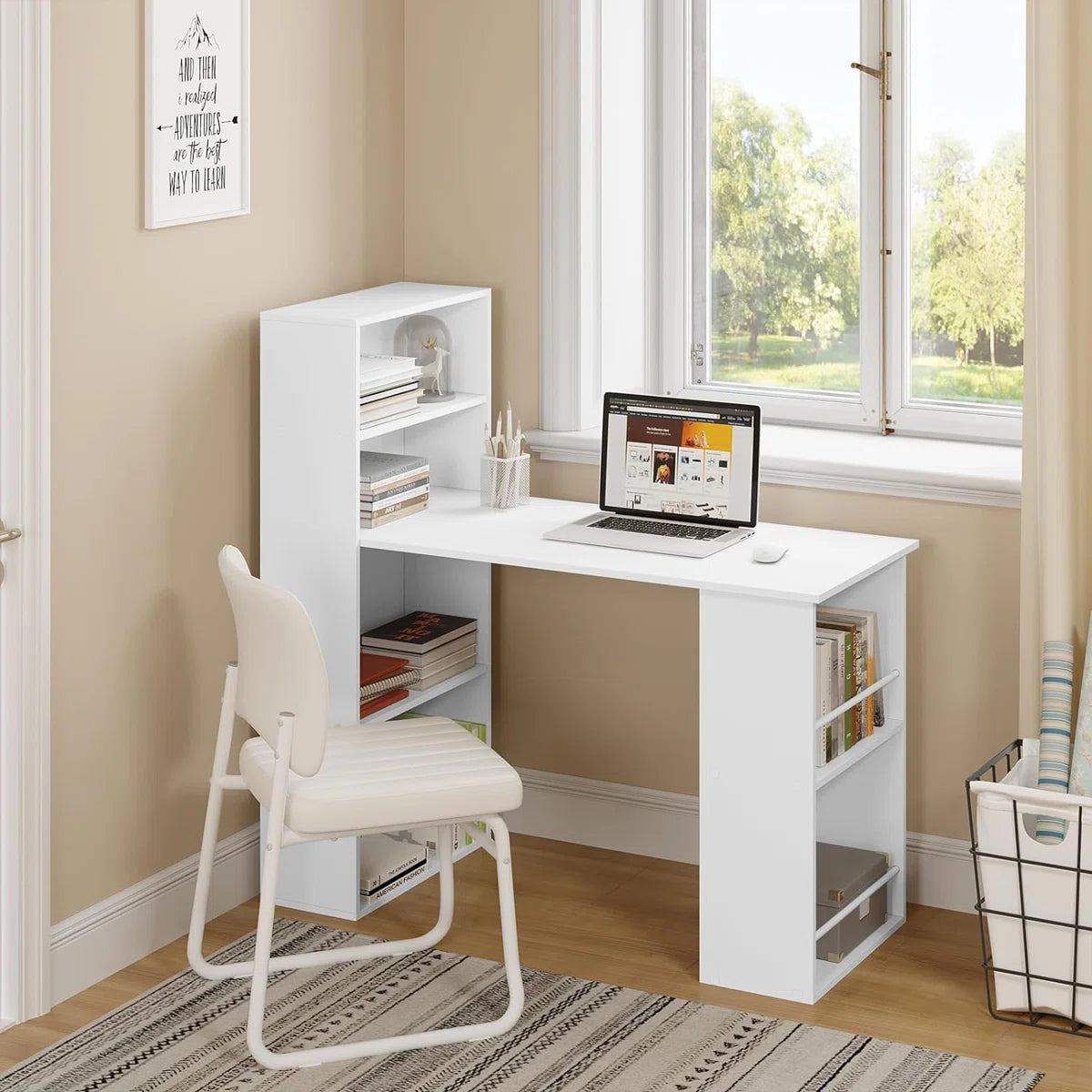 OmkarWood Nashira L-Shaped Study Desk with 4-Tier Bookshelf & Side Storage – 121 cm