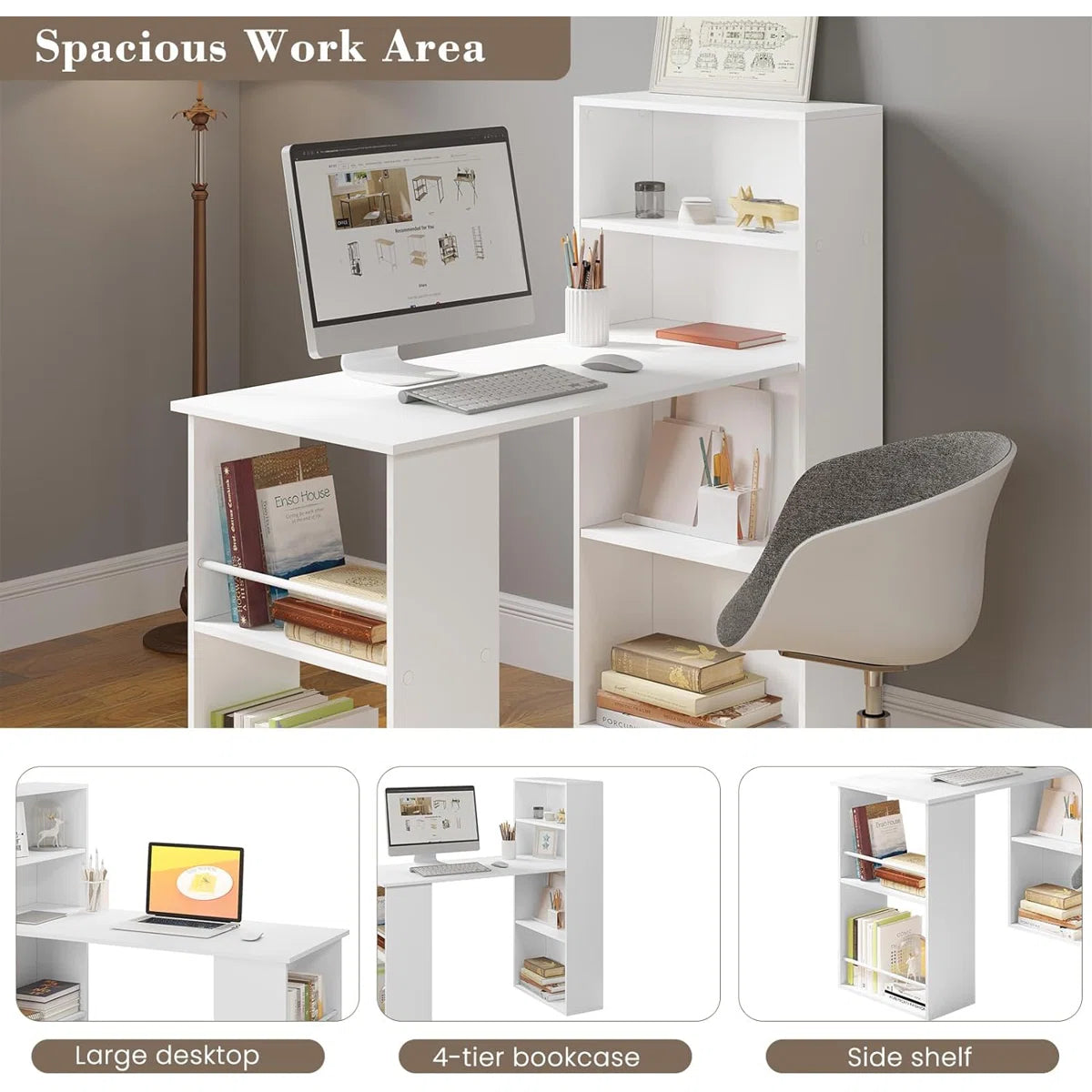 OmkarWood Nashira L-Shaped Study Desk with 4-Tier Bookshelf & Side Storage – 121 cm