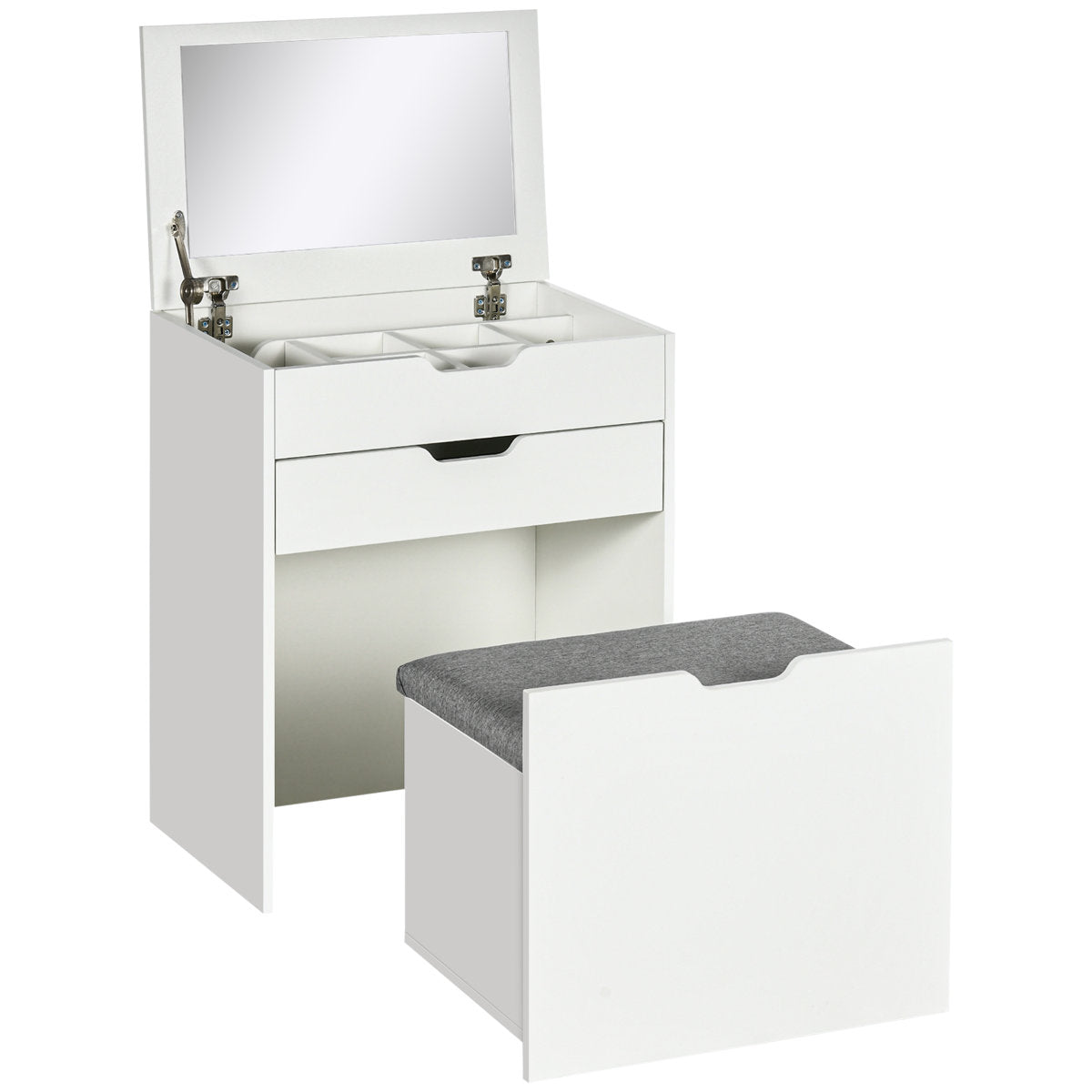OmkarWood Compact Flip-Top Dressing Table with Cushioned Storage Stool ā White Matte Finish