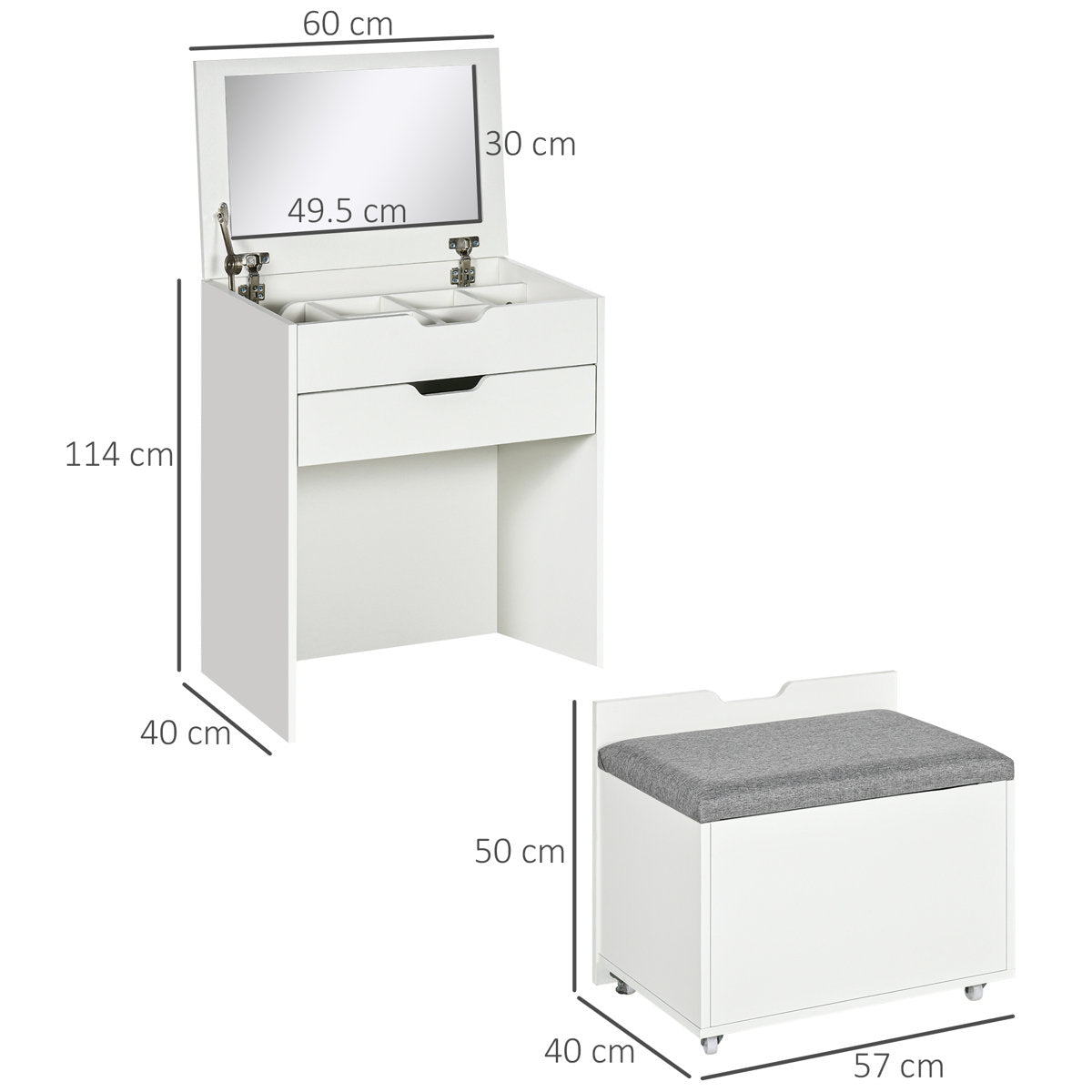 OmkarWood Compact Flip-Top Dressing Table with Cushioned Storage Stool ā White Matte Finish