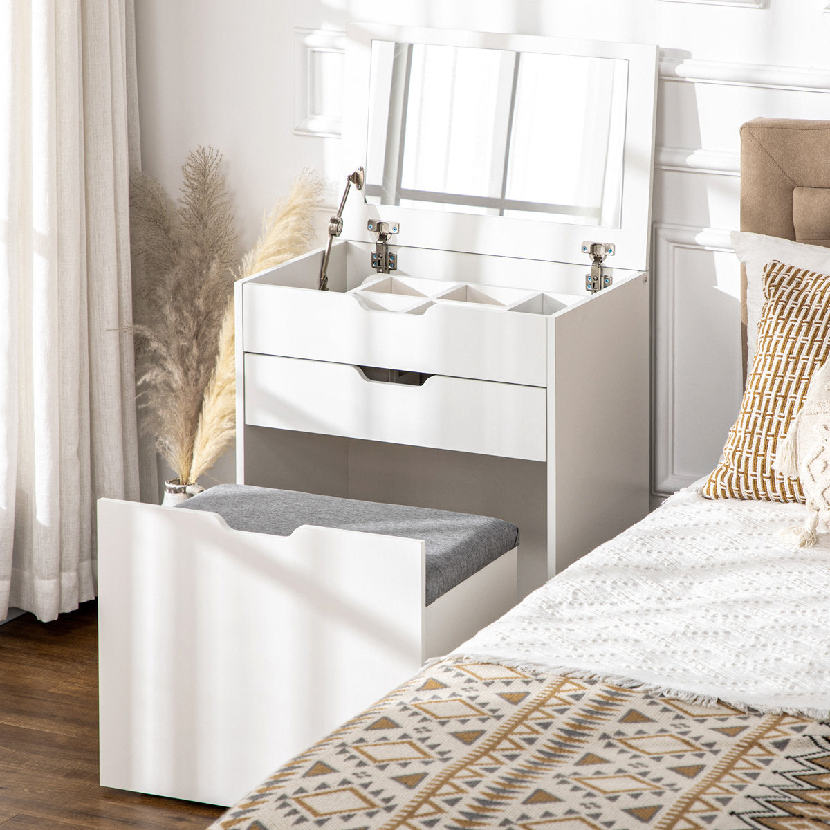 OmkarWood Compact Flip-Top Dressing Table with Cushioned Storage Stool ā White Matte Finish