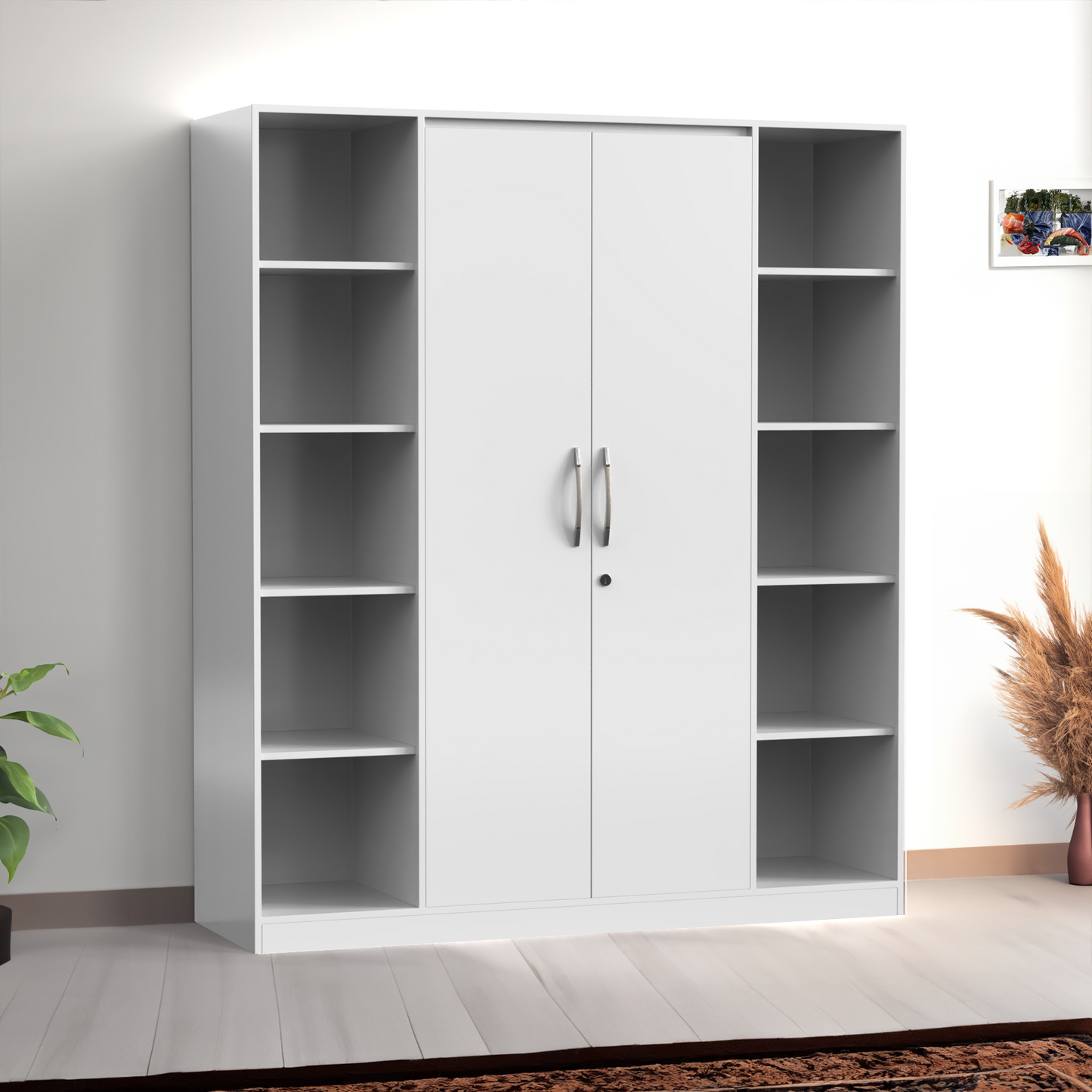 Modern 2-Door Wardrobe with Open Side Shelves & Drawer Storage (6x7 Feet)