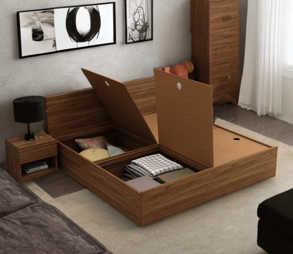 OmkarWood Elegance King Size Bed with Box Storage (Walnut Finish)
