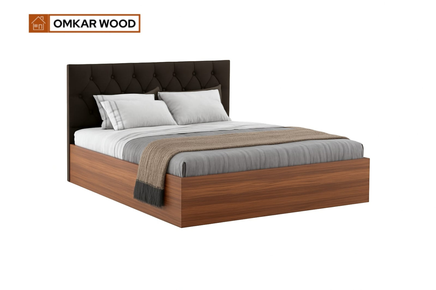 OmkarWood Premium King Size Bed with Cushioned Headboard & Box Storage