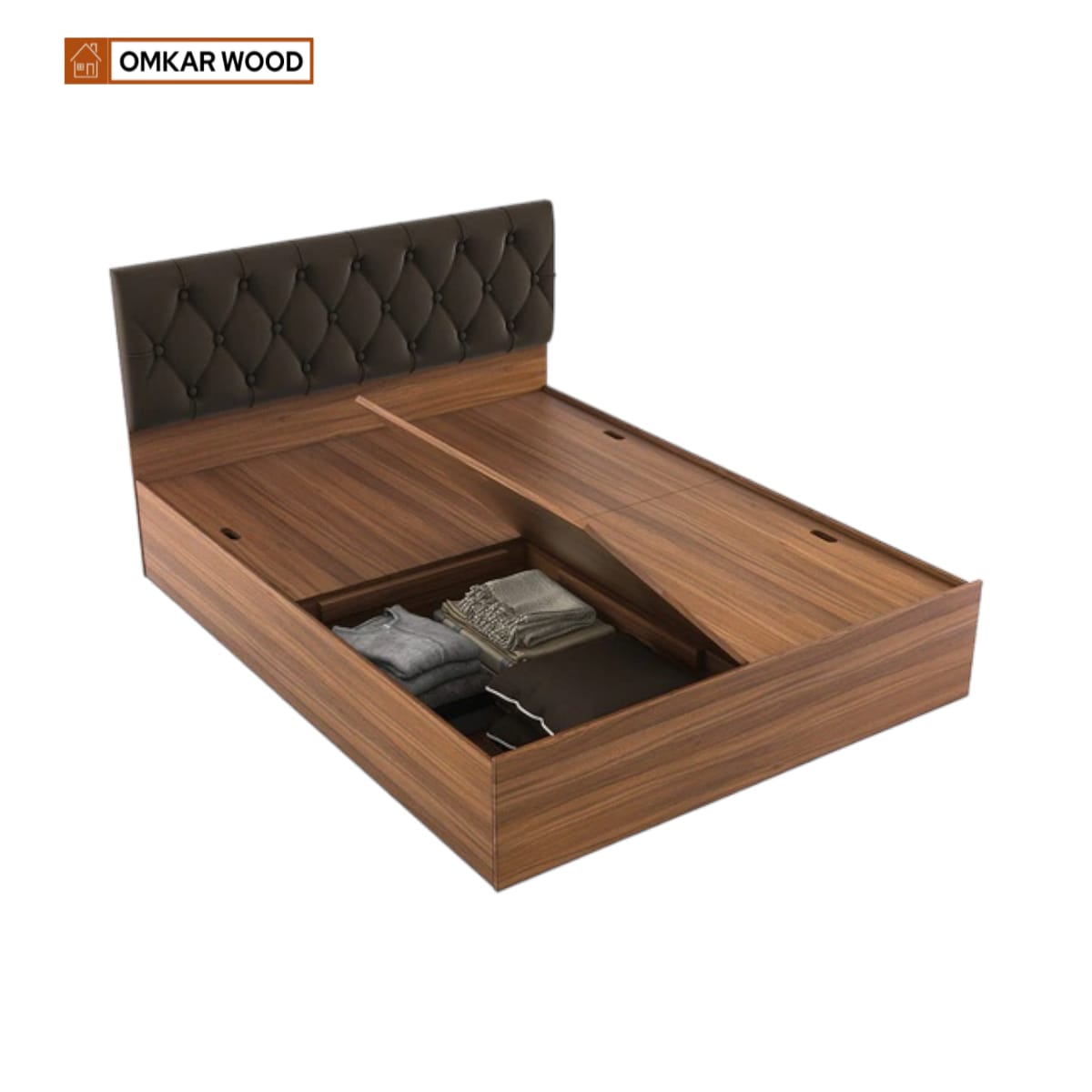 OmkarWood Premium King Size Bed with Cushioned Headboard & Box Storage