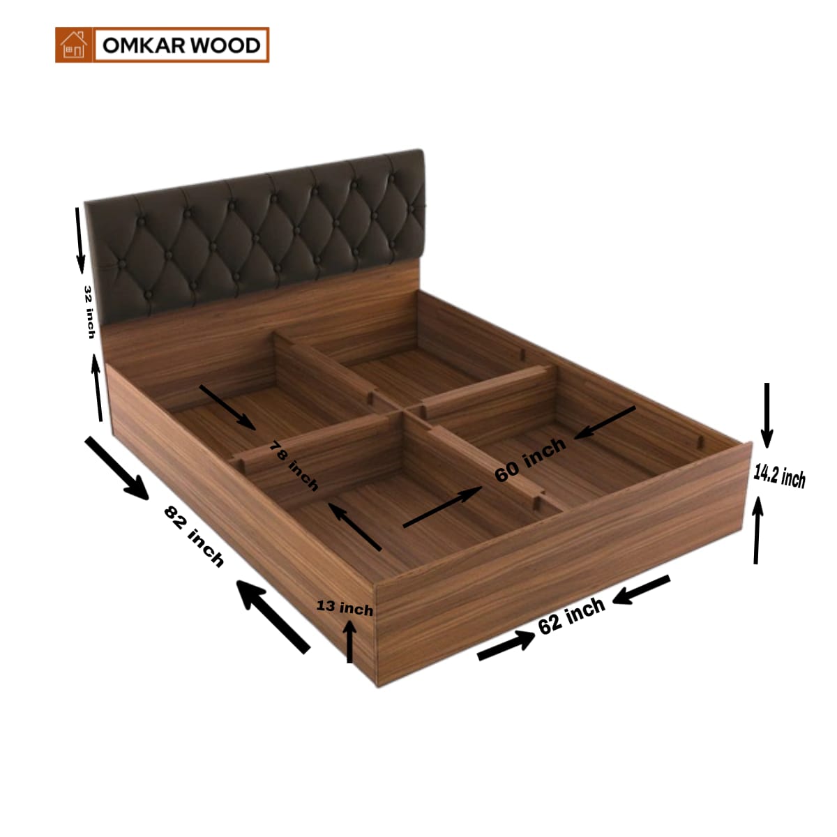 OmkarWood Premium Queen Size Bed with Cushioned Headboard & Box Storage