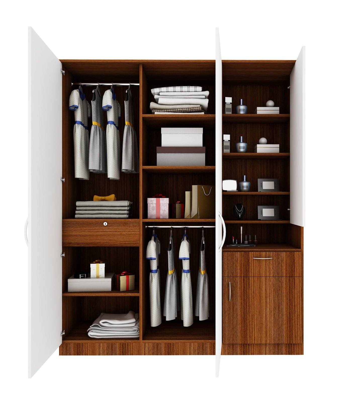 Large Wardrobe cum Dresser | Walnut and Frosty White Without Mirror