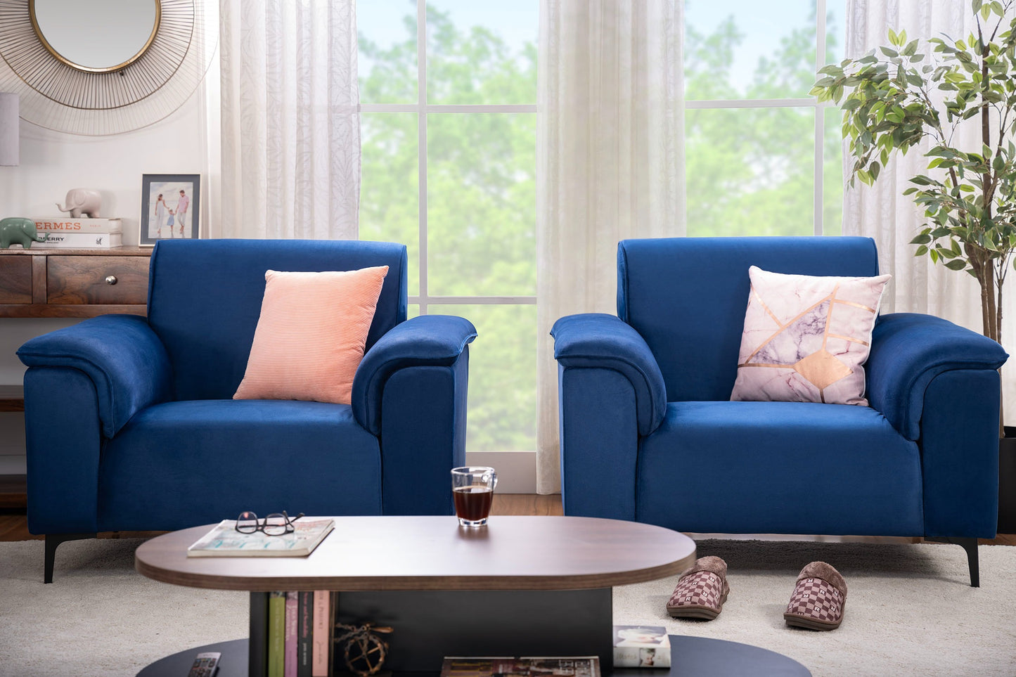 Sapphire Blue Velvet 5-Seater Sofa Set (3+1+1) – Elegant & Comfortable Living Room Furniture