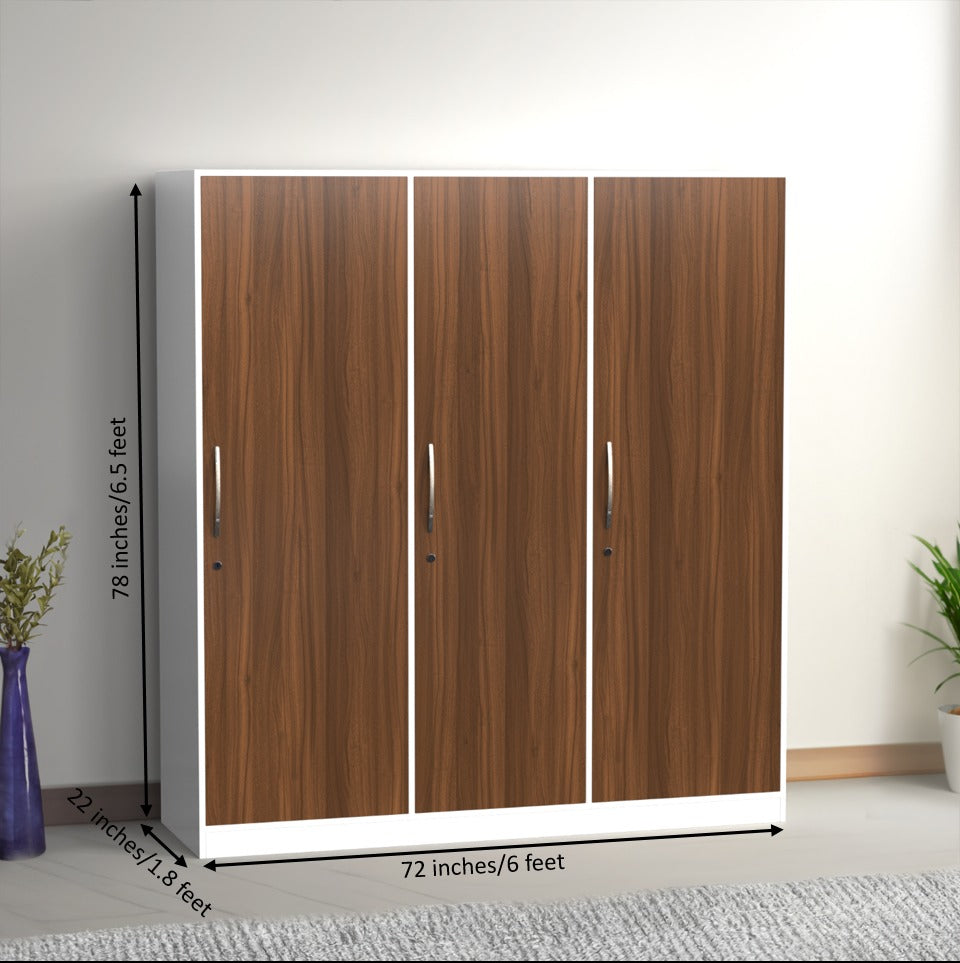 3 Door Wooden Wardrobe with Hanging Space & Shelves (6 Ft)