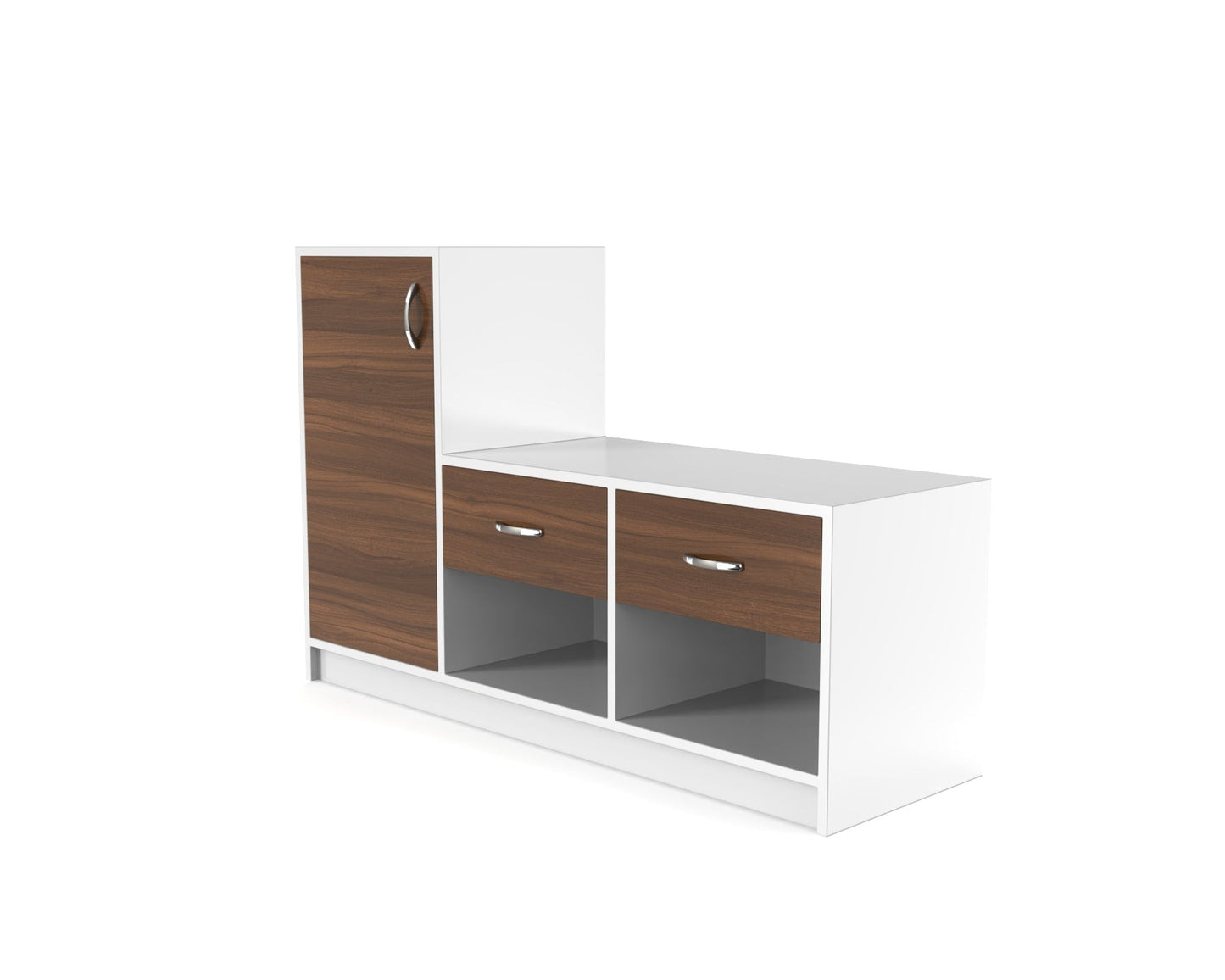 Modern Shoe Rack with Tall Cabinet & Dual Drawers – White & Walnut Finish