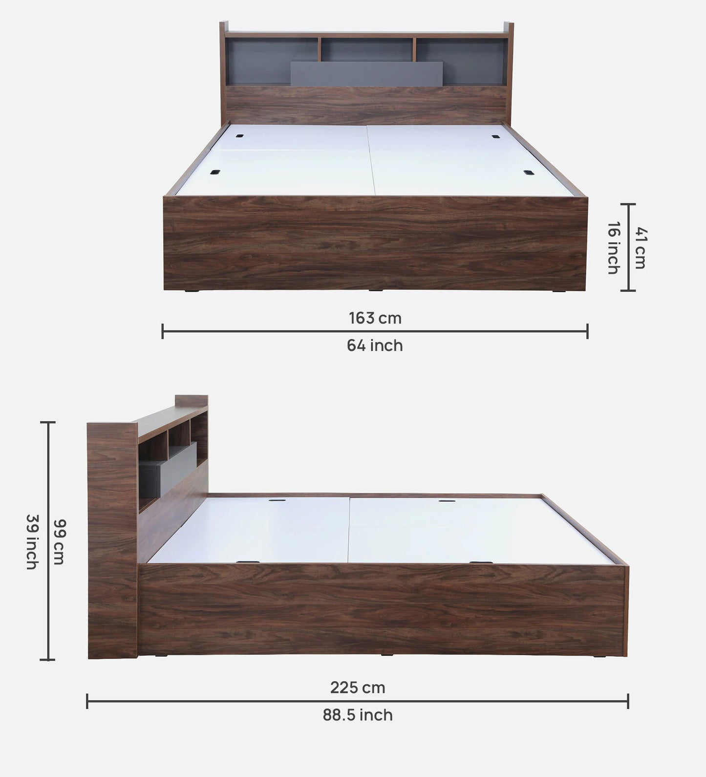 OmkarWood Serenity Queen Bed – Natural Walnut Finish with Box & Headboard Storage