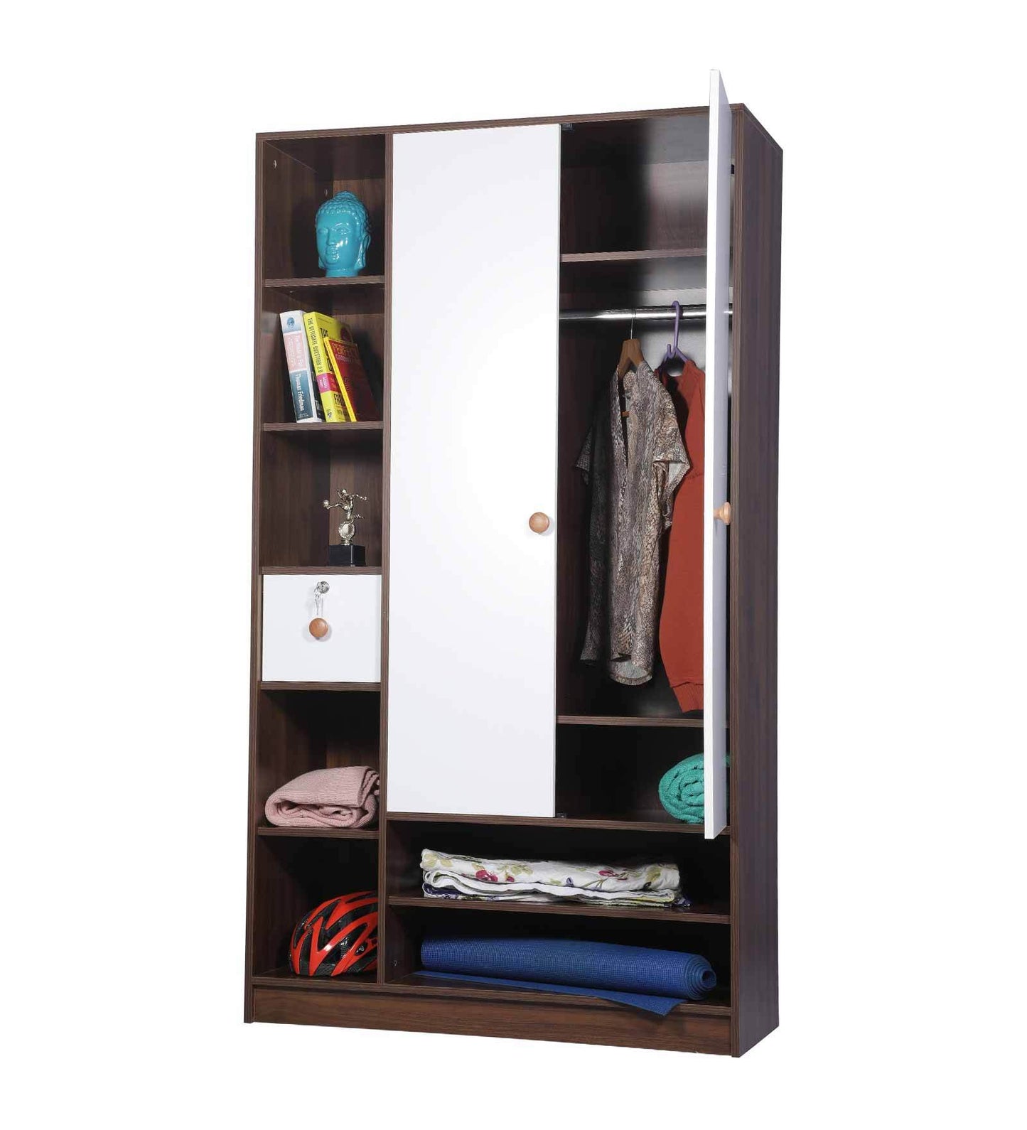 Omkarwood Vesta 2-Door Engineered Wood Wardrobe with Drawer & Open Shelves – Walnut & White Finish