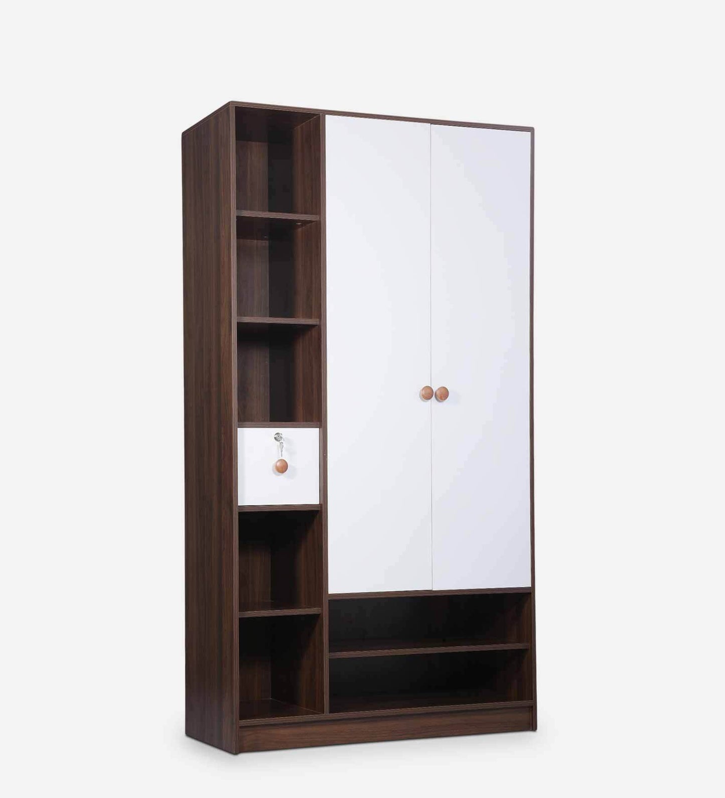 Omkarwood Vesta 2-Door Engineered Wood Wardrobe with Drawer & Open Shelves – Walnut & White Finish