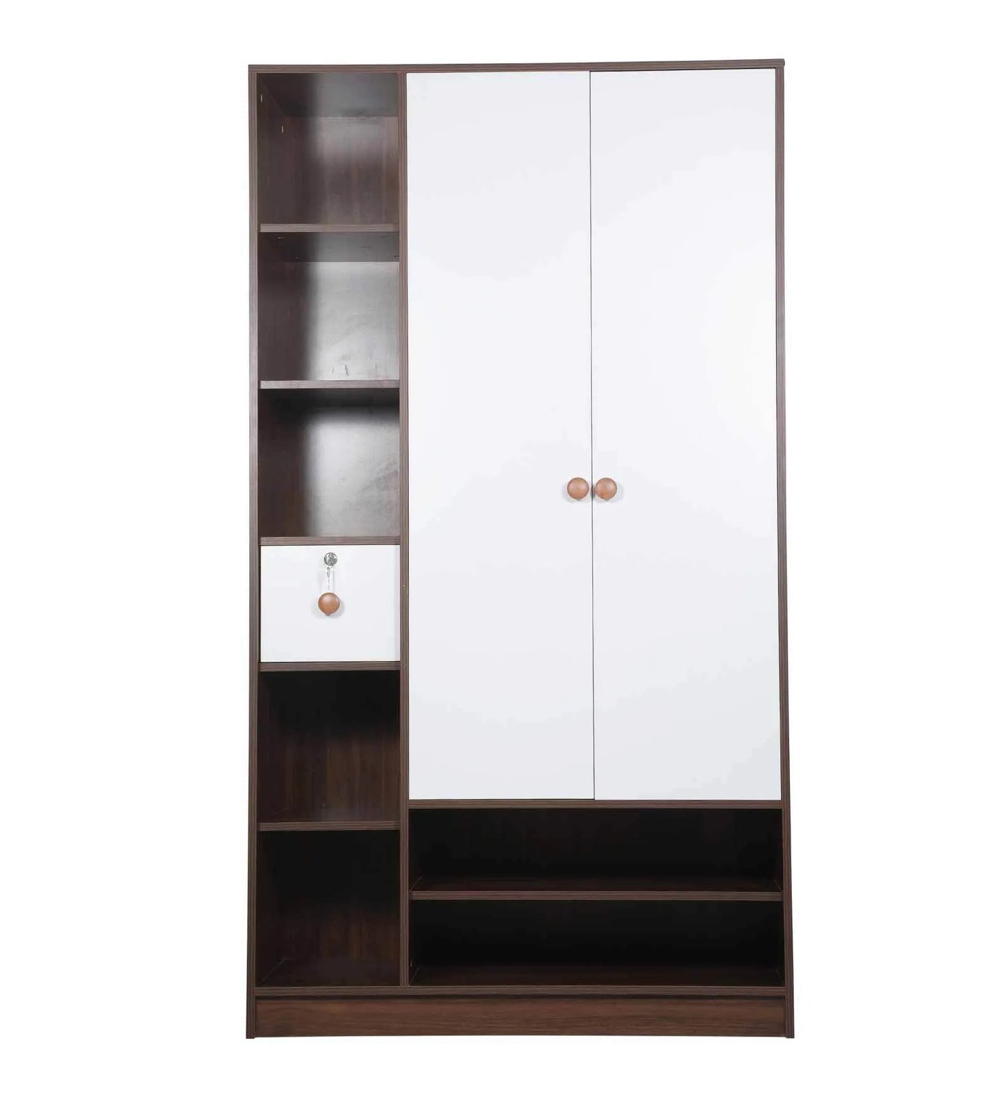 Omkarwood Vesta 2-Door Engineered Wood Wardrobe with Drawer & Open Shelves – Walnut & White Finish