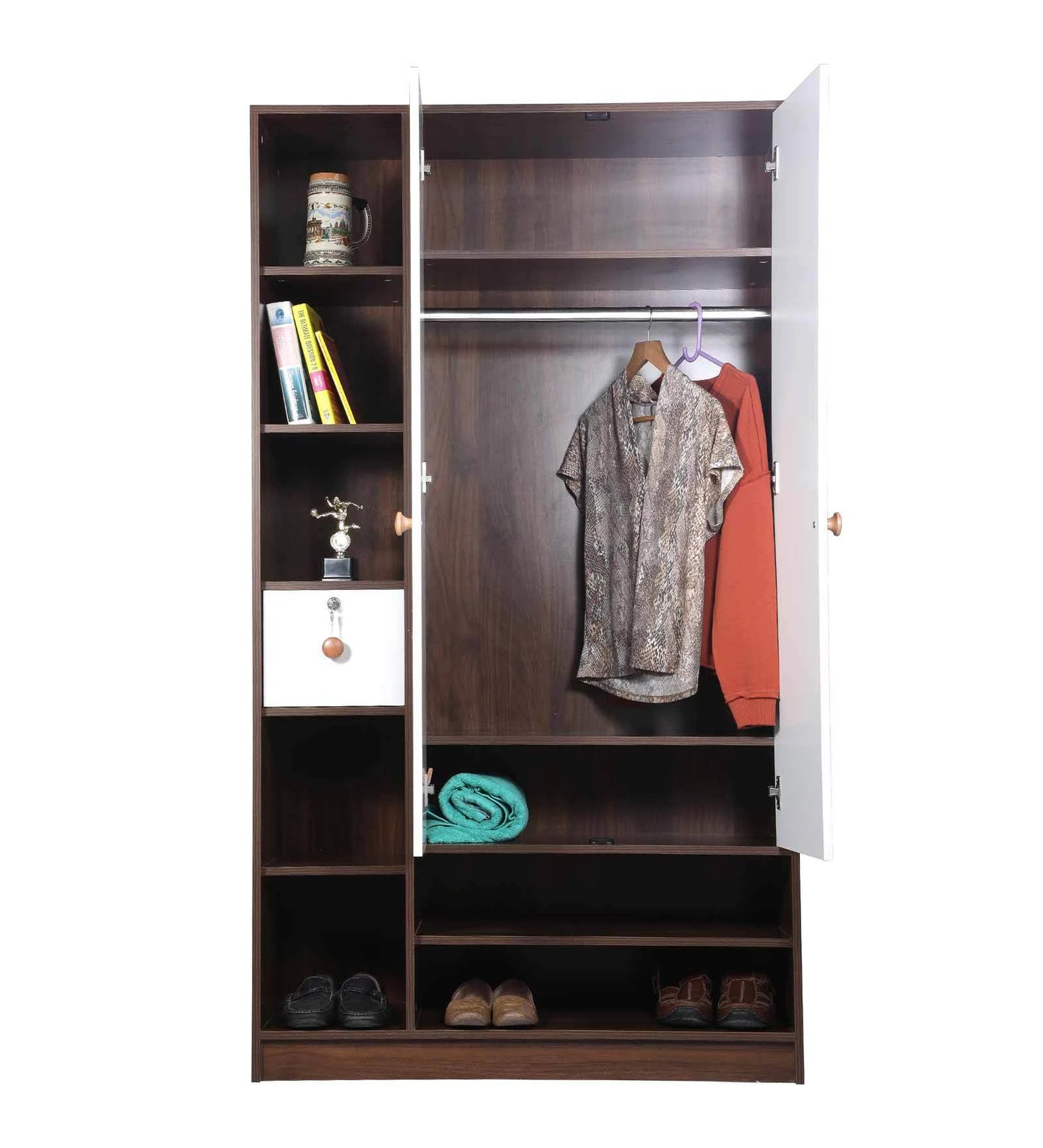 Omkarwood Vesta 2-Door Engineered Wood Wardrobe with Drawer & Open Shelves – Walnut & White Finish
