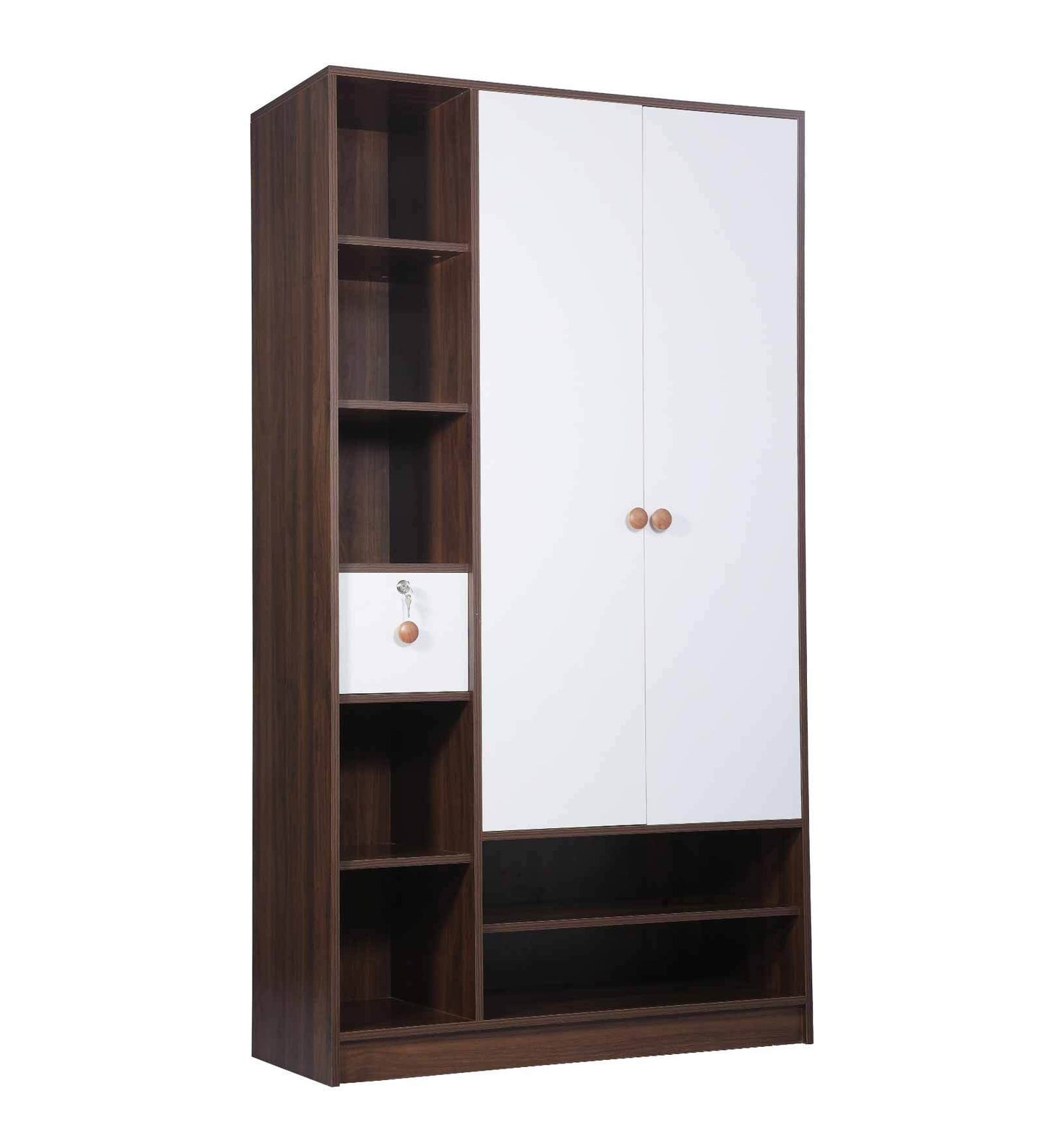 Omkarwood Vesta 2-Door Engineered Wood Wardrobe with Drawer & Open Shelves – Walnut & White Finish