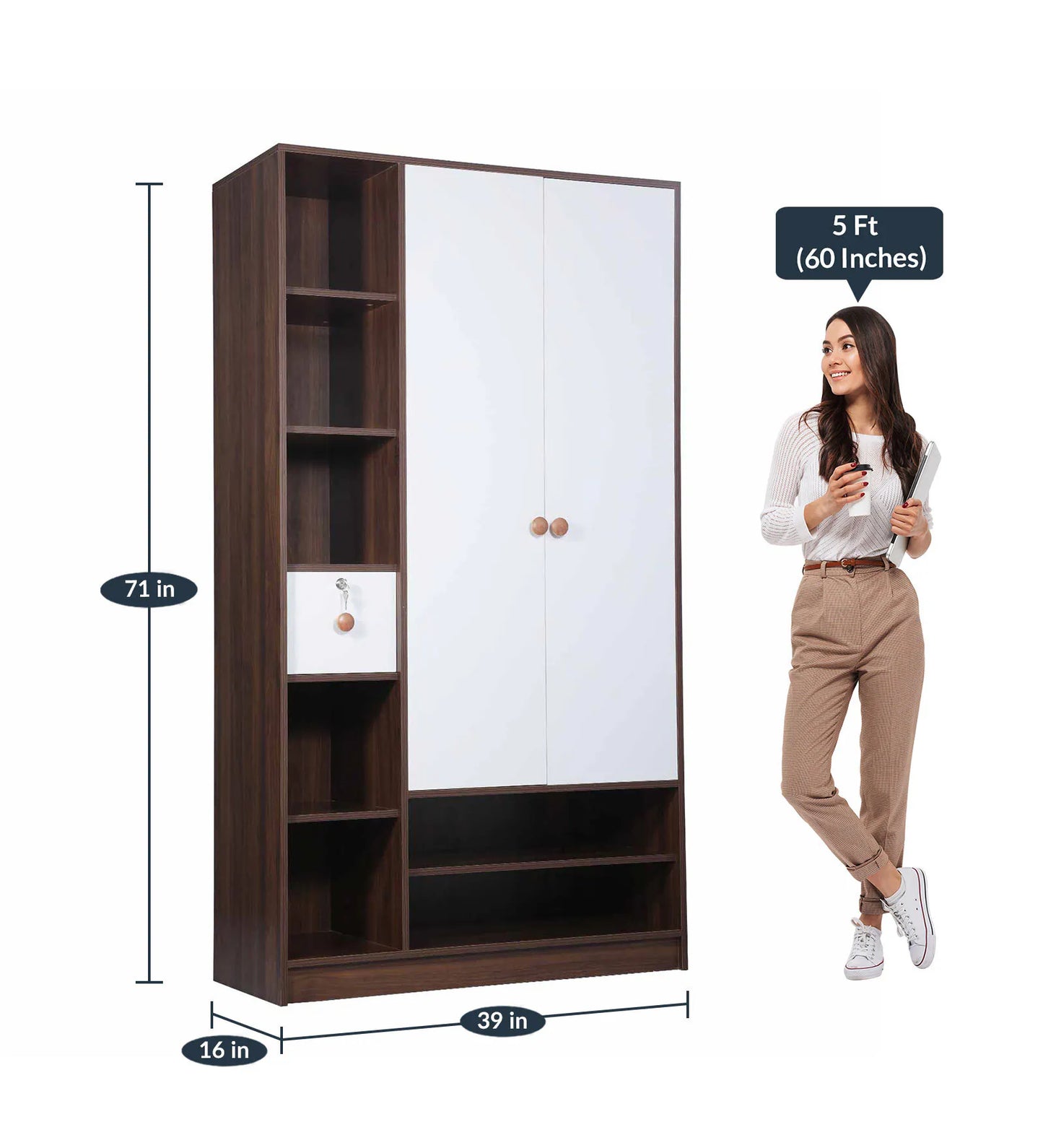 Omkarwood Vesta 2-Door Engineered Wood Wardrobe with Drawer & Open Shelves – Walnut & White Finish