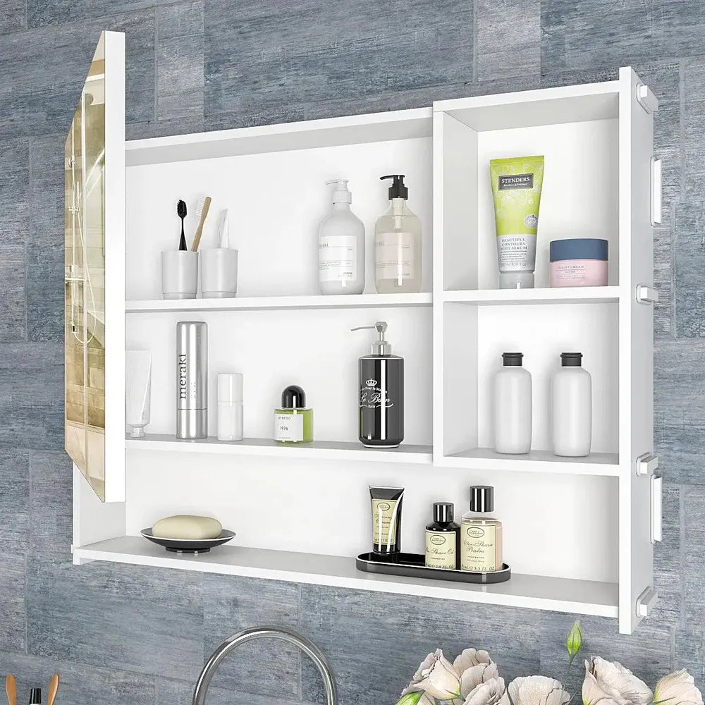 OmkarWood™ Elite Wall-Mounted Bathroom Cabinet with Mirror & Open Shelving – 32" x 24"