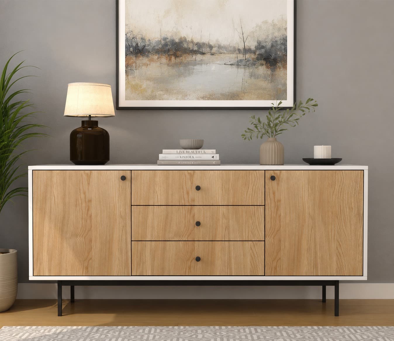 Premium Modern Sideboard Cabinet with Santana Textured Finish & Metal Base (Engineered Wood)