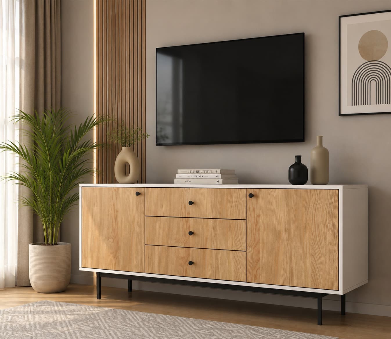 Premium Modern Sideboard Cabinet with Santana Textured Finish & Metal Base (Engineered Wood)