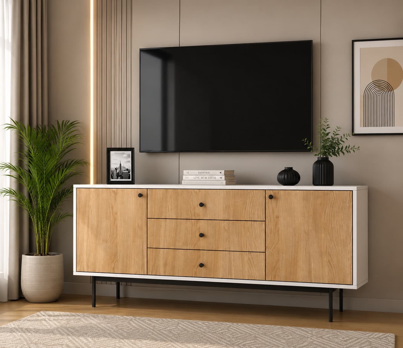 Premium Modern Sideboard Cabinet with Santana Textured Finish & Metal Base (Engineered Wood)