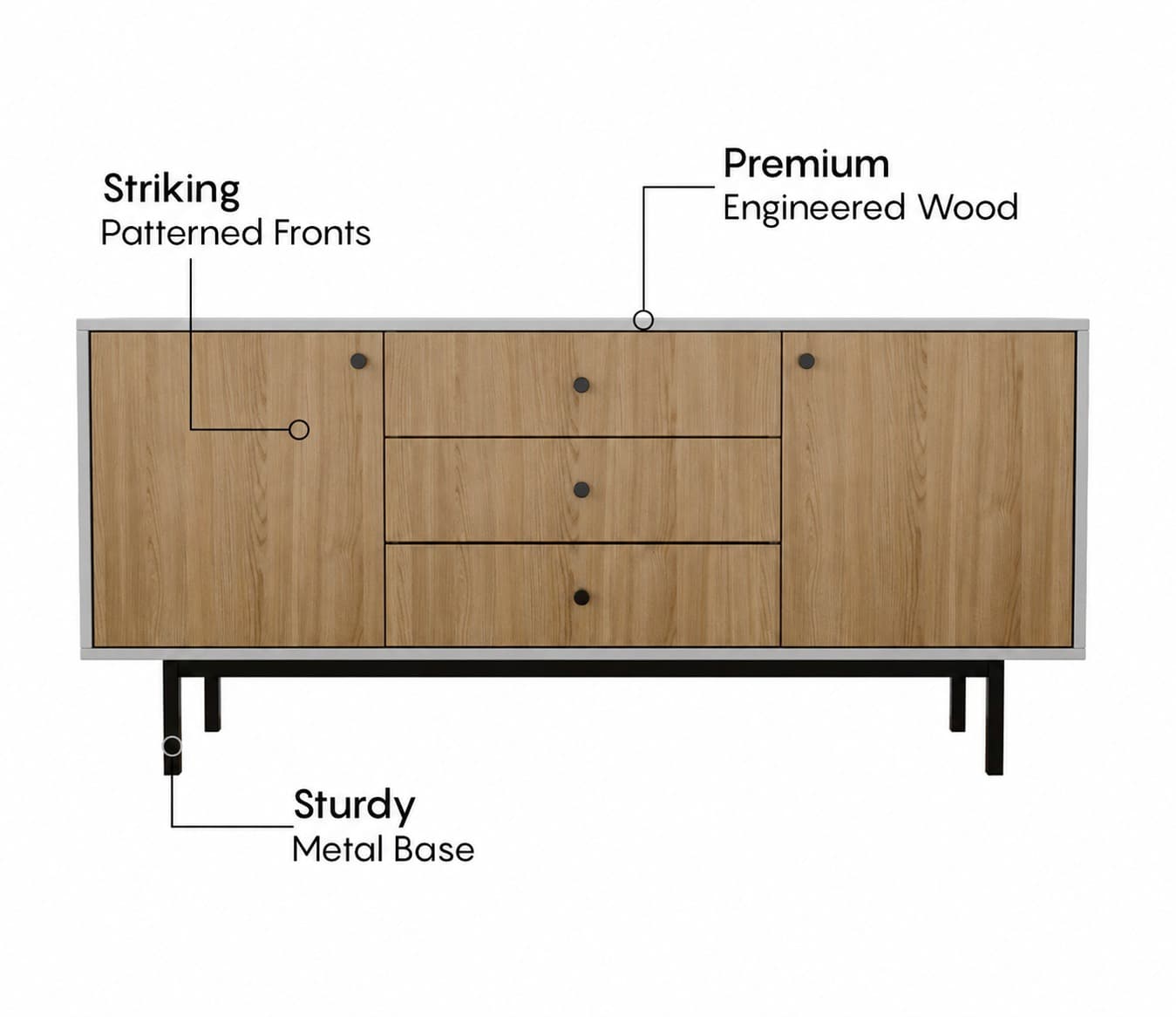 Premium Modern Sideboard Cabinet with Santana Textured Finish & Metal Base (Engineered Wood)