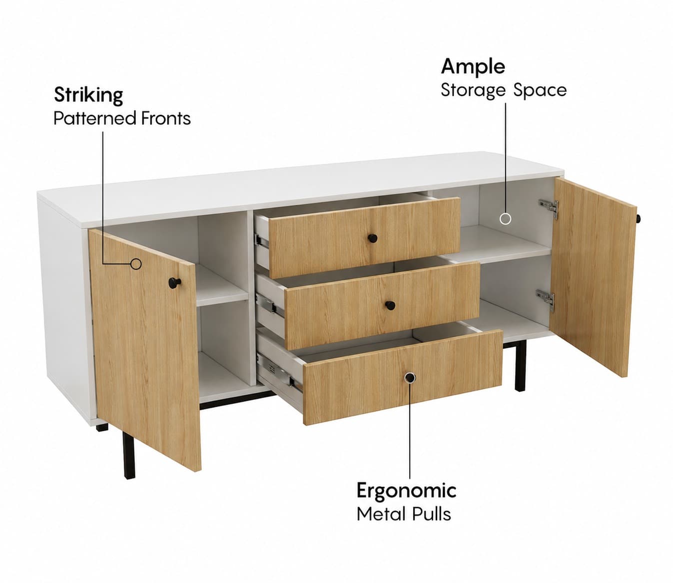 Premium Modern Sideboard Cabinet with Santana Textured Finish & Metal Base (Engineered Wood)