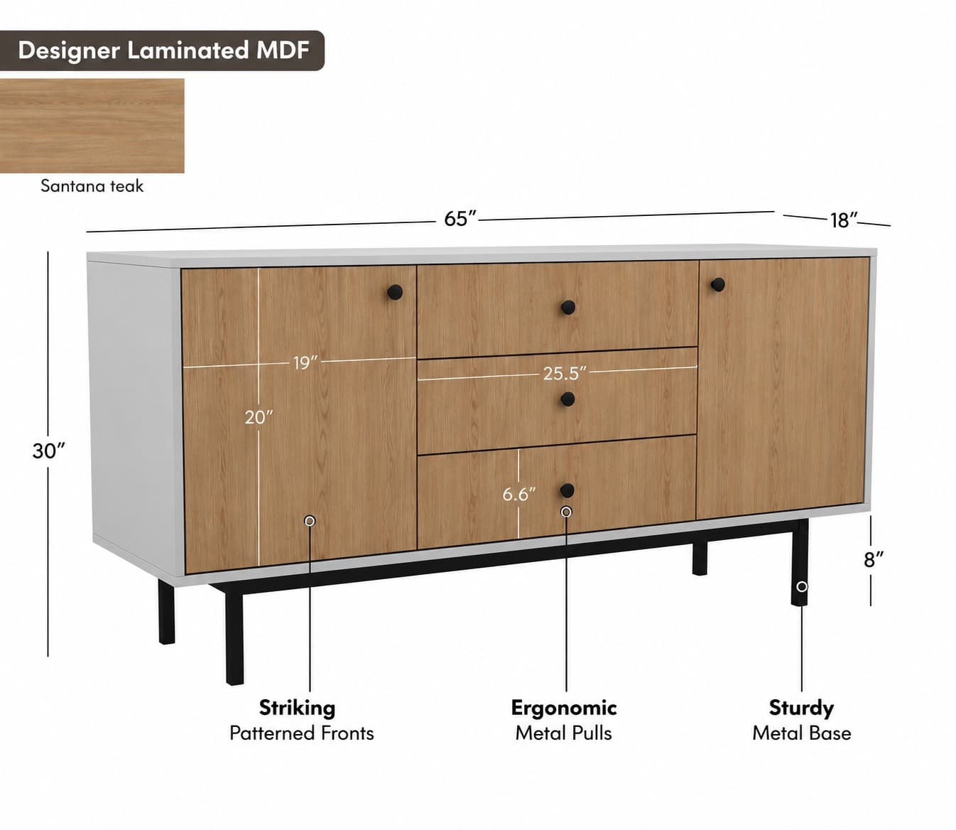 Premium Modern Sideboard Cabinet with Santana Textured Finish & Metal Base (Engineered Wood)