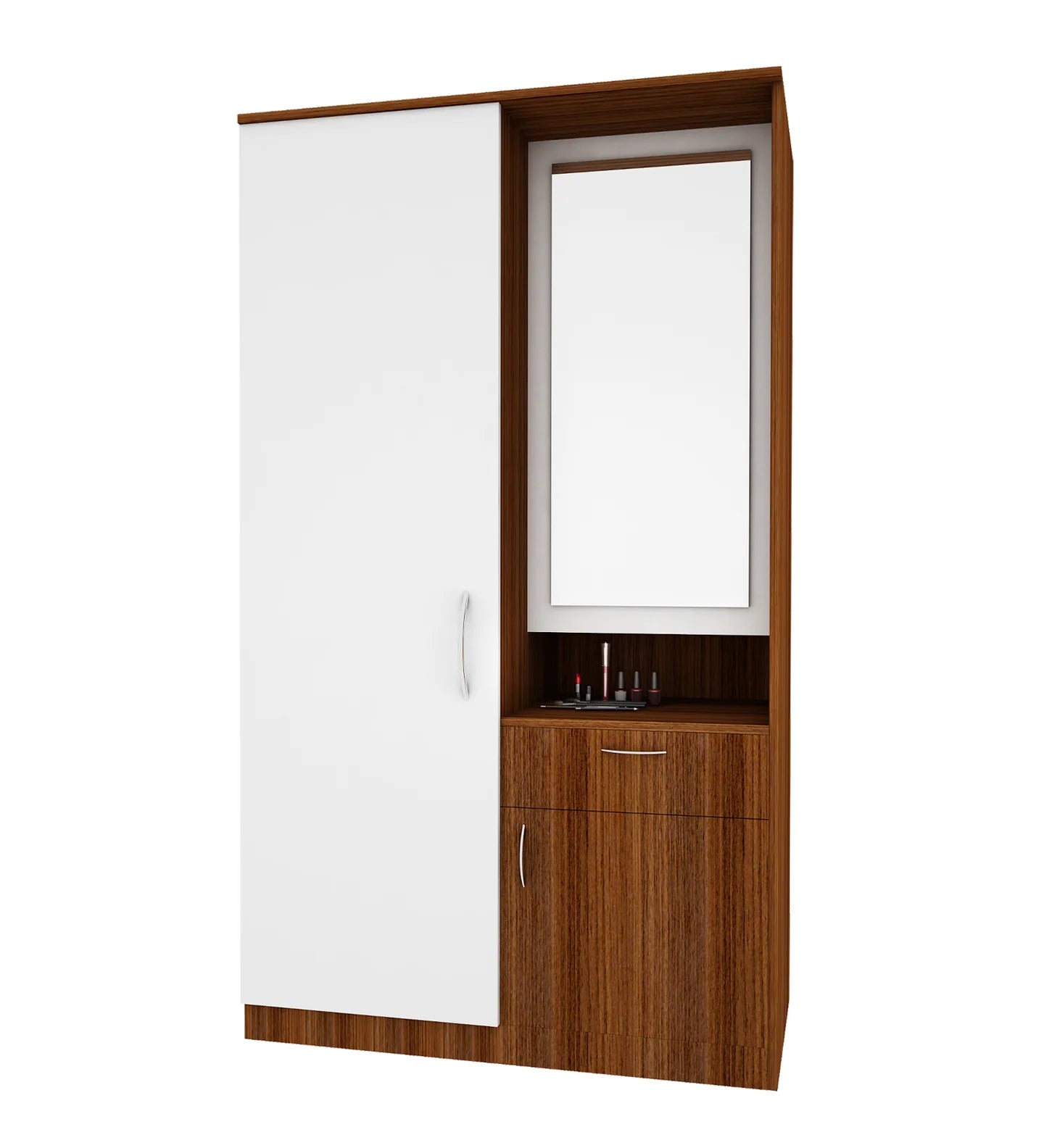 Small Wardrobe cum Dresser | Walnut and Frosty White Without Mirror