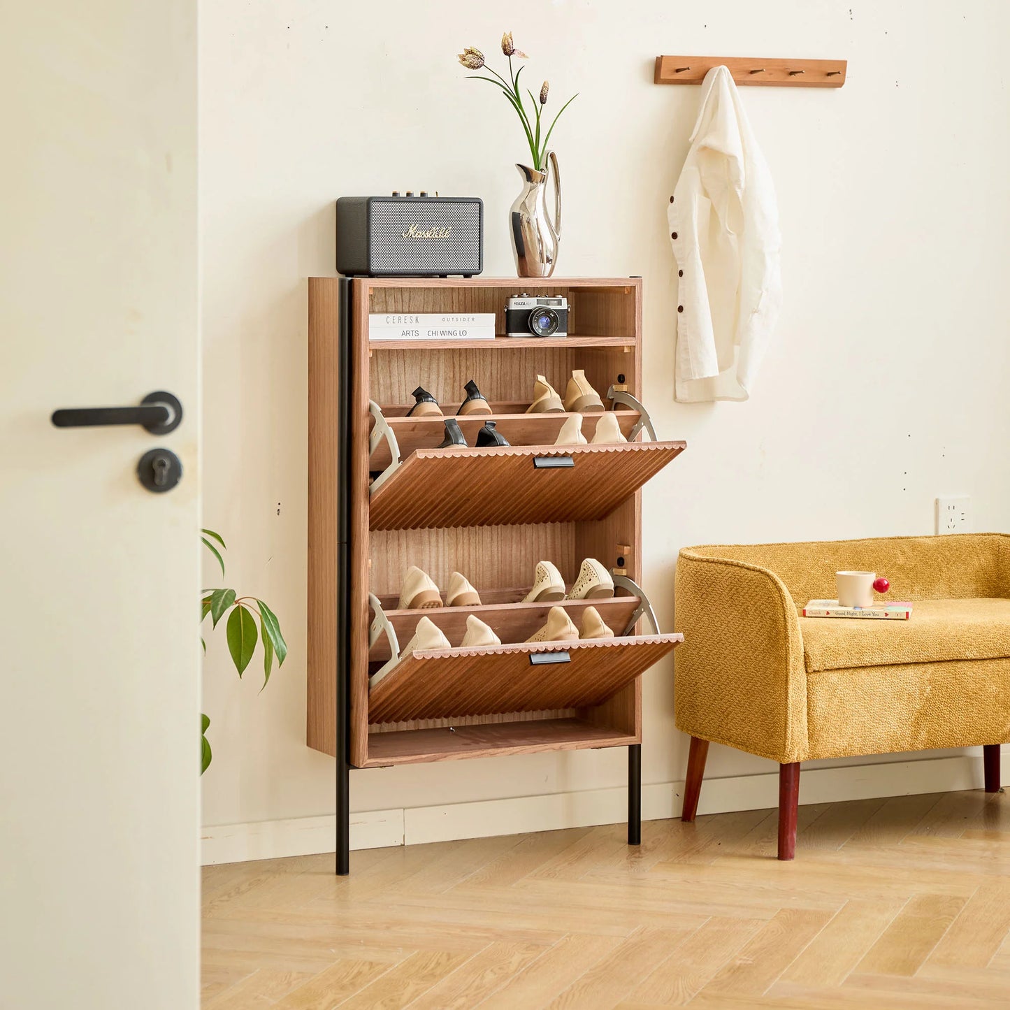 2-Drawer Shoe Cabinet in Walnut Wood and Metal