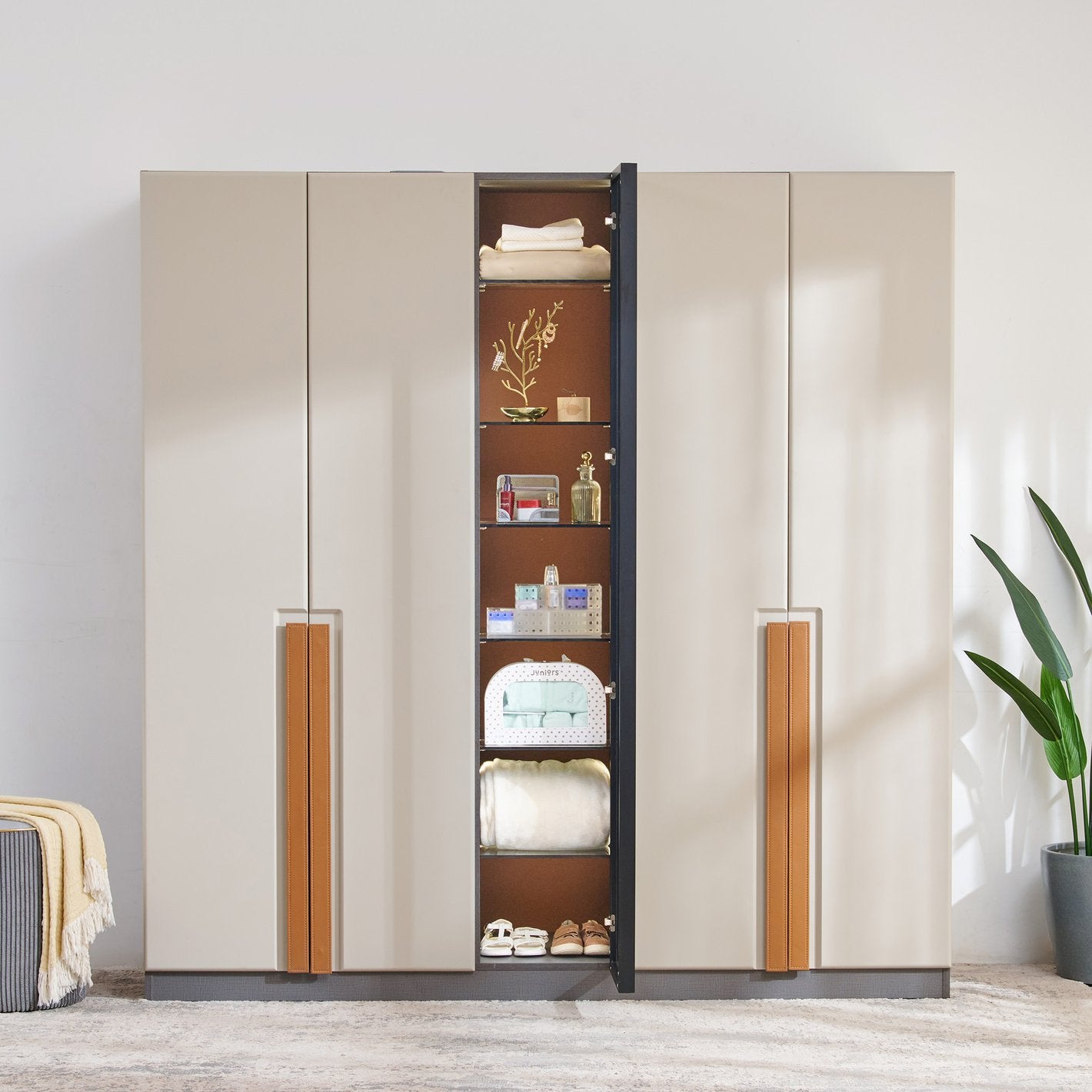 Modena 4-Door Wardrobe with Mirror & Leather-Finish Handles