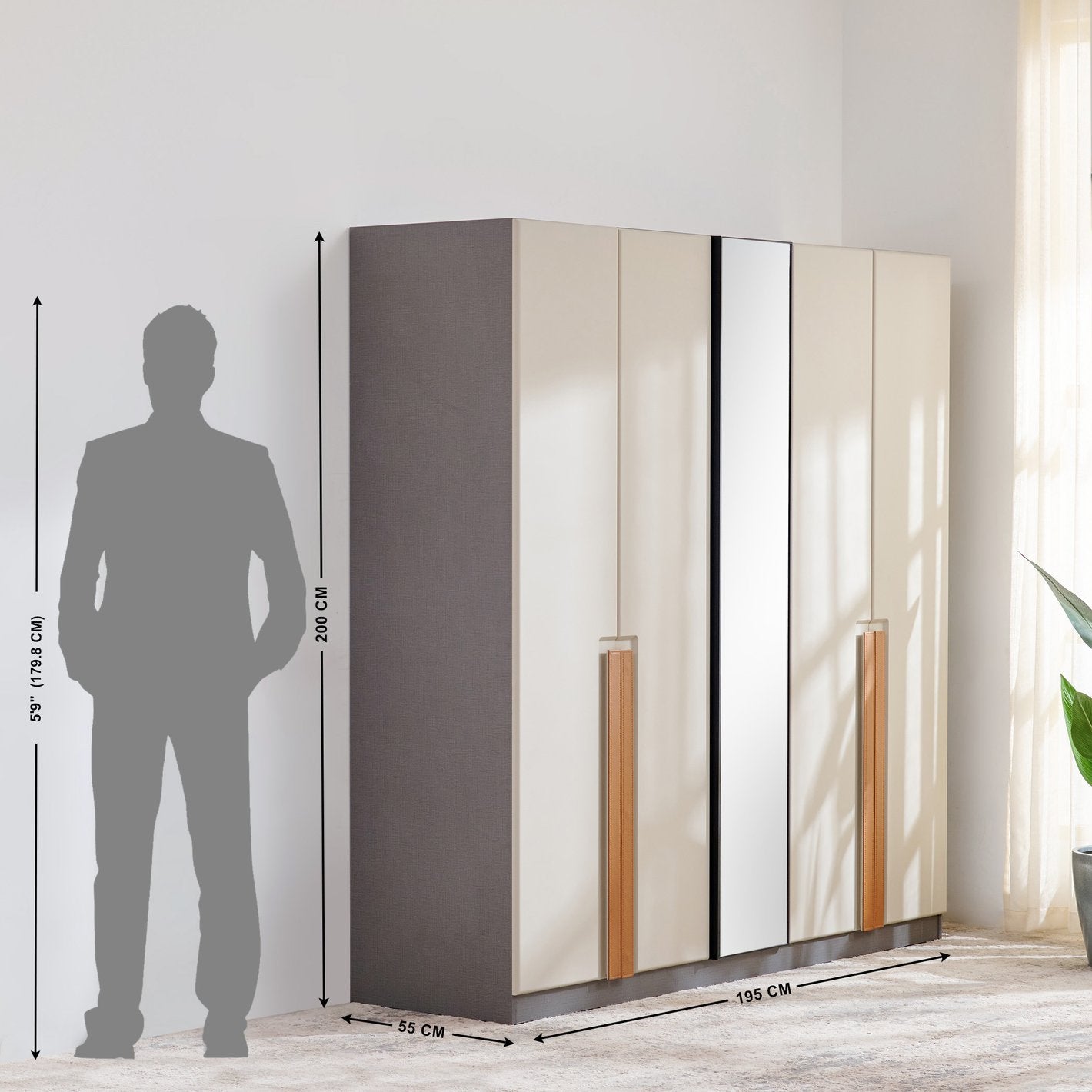 Modena 4-Door Wardrobe with Mirror & Leather-Finish Handles
