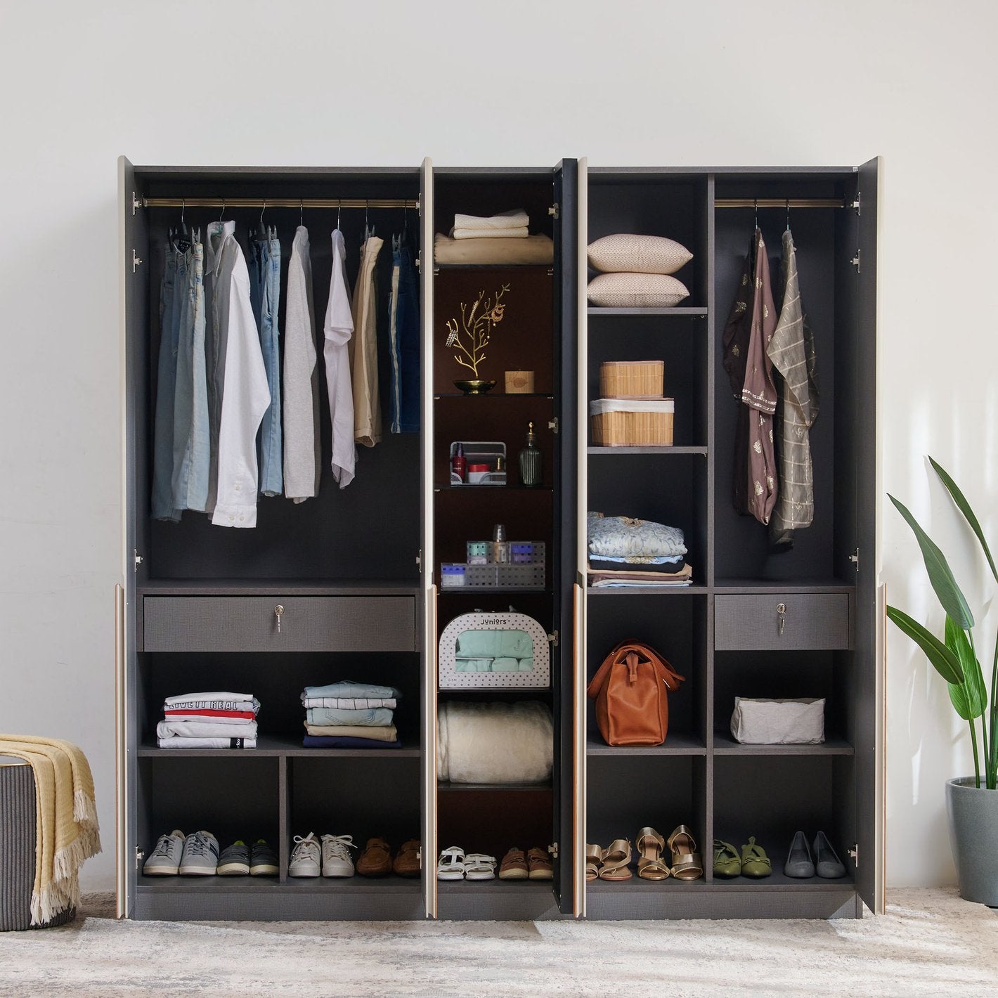 Modena 4-Door Wardrobe with Mirror & Leather-Finish Handles