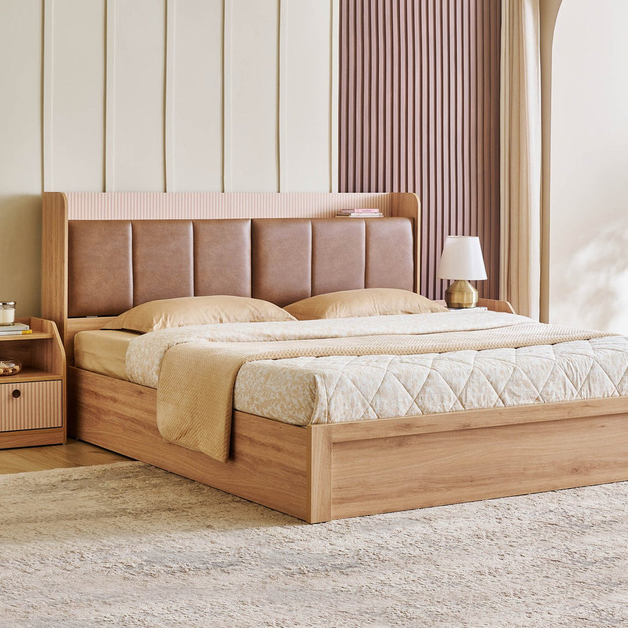 OmkarWood Bed with Geometric Headboard & Box Storage