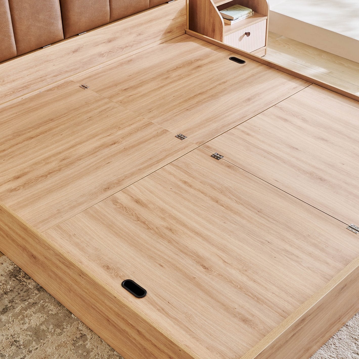 OmkarWood Bed with Geometric Headboard & Box Storage