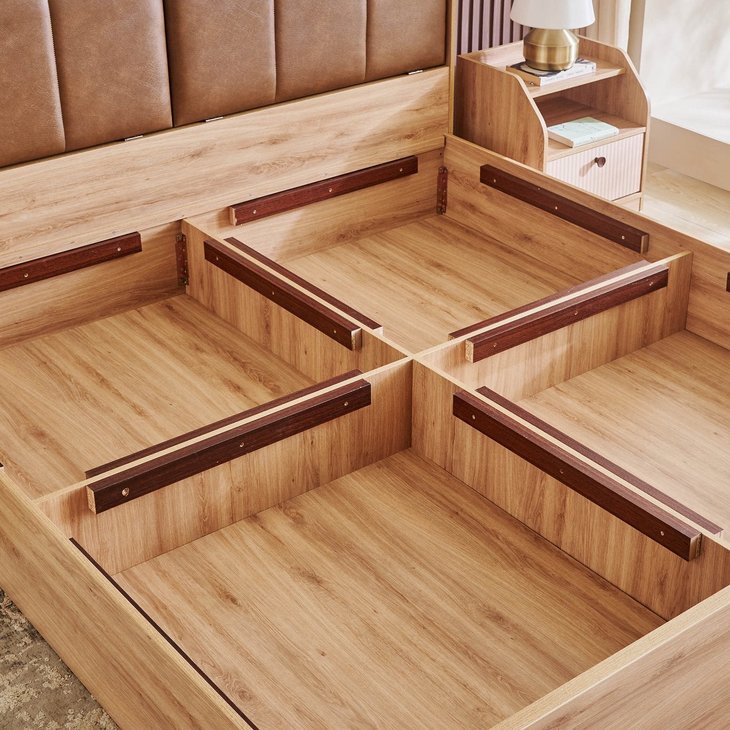 OmkarWood Bed with Geometric Headboard & Box Storage