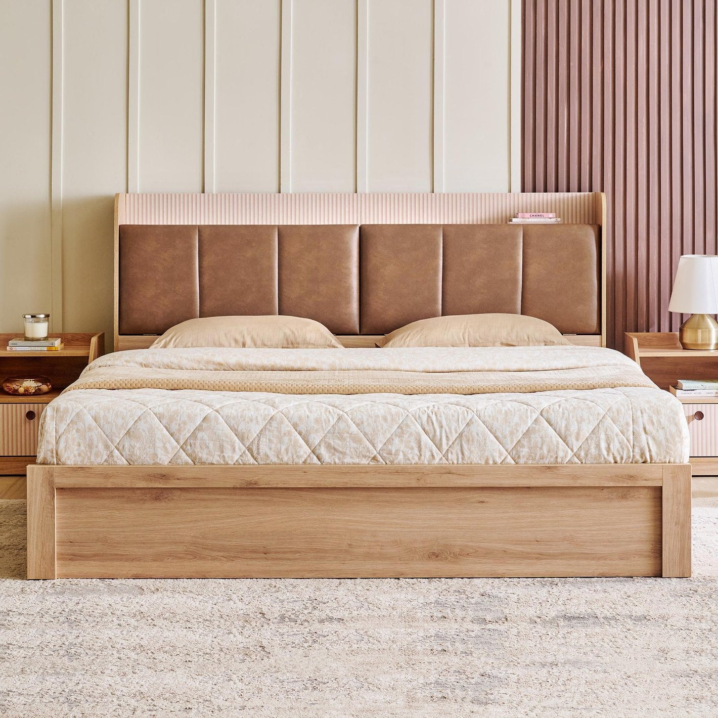 OmkarWood Bed with Geometric Headboard & Box Storage