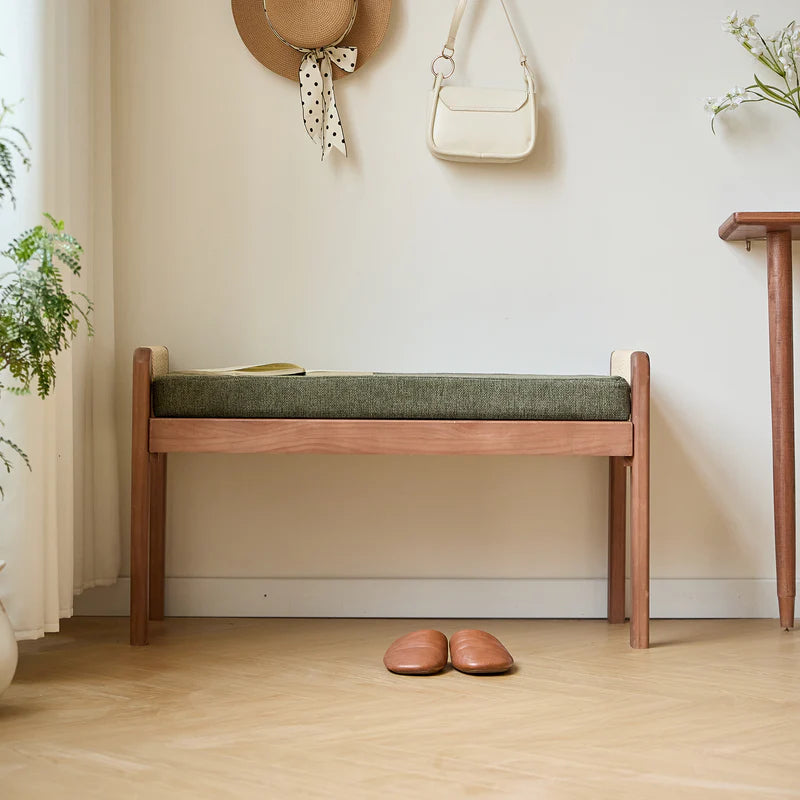 AHKA - Solid Wood and Green Fabric Bench